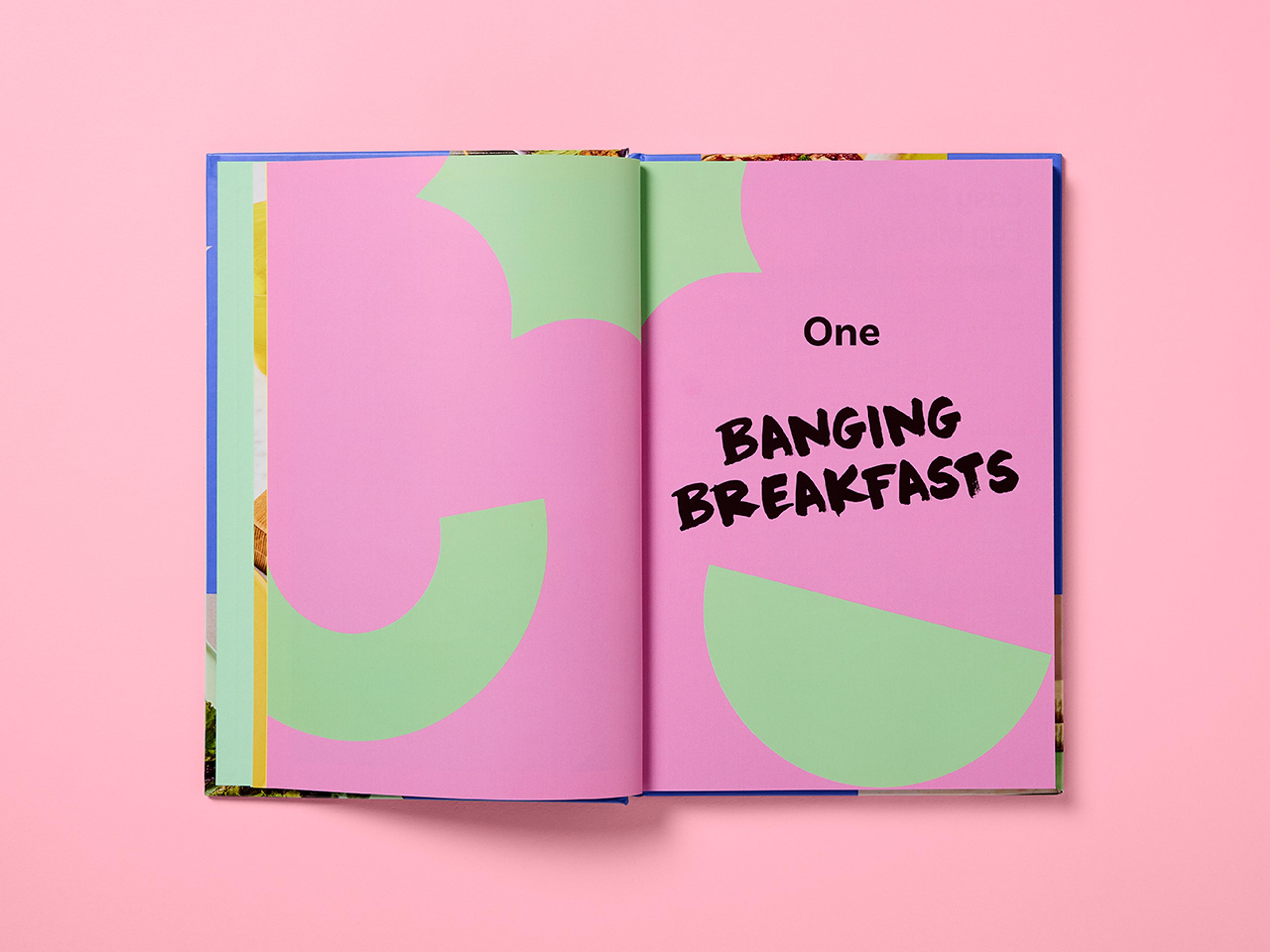 Open cookbook cover for Low-Cal Kitchen Bangers, featuring punchy colours and a clean layout.