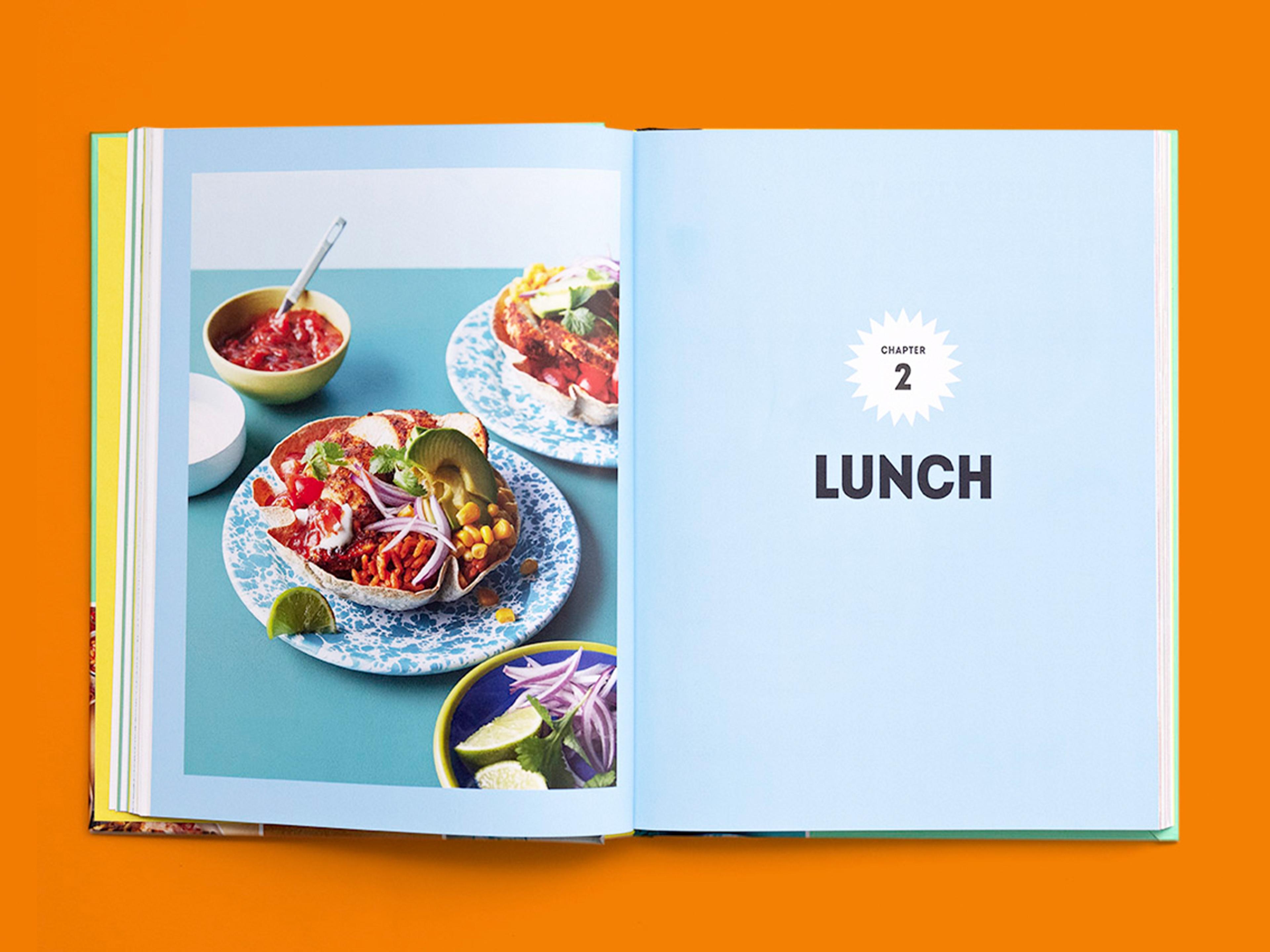 Chapter opener spread labelled “Chapter 2: Lunch,” with a photo of tacos topped with avocado, onion, and salsa on the left, and a clean title page on the right.