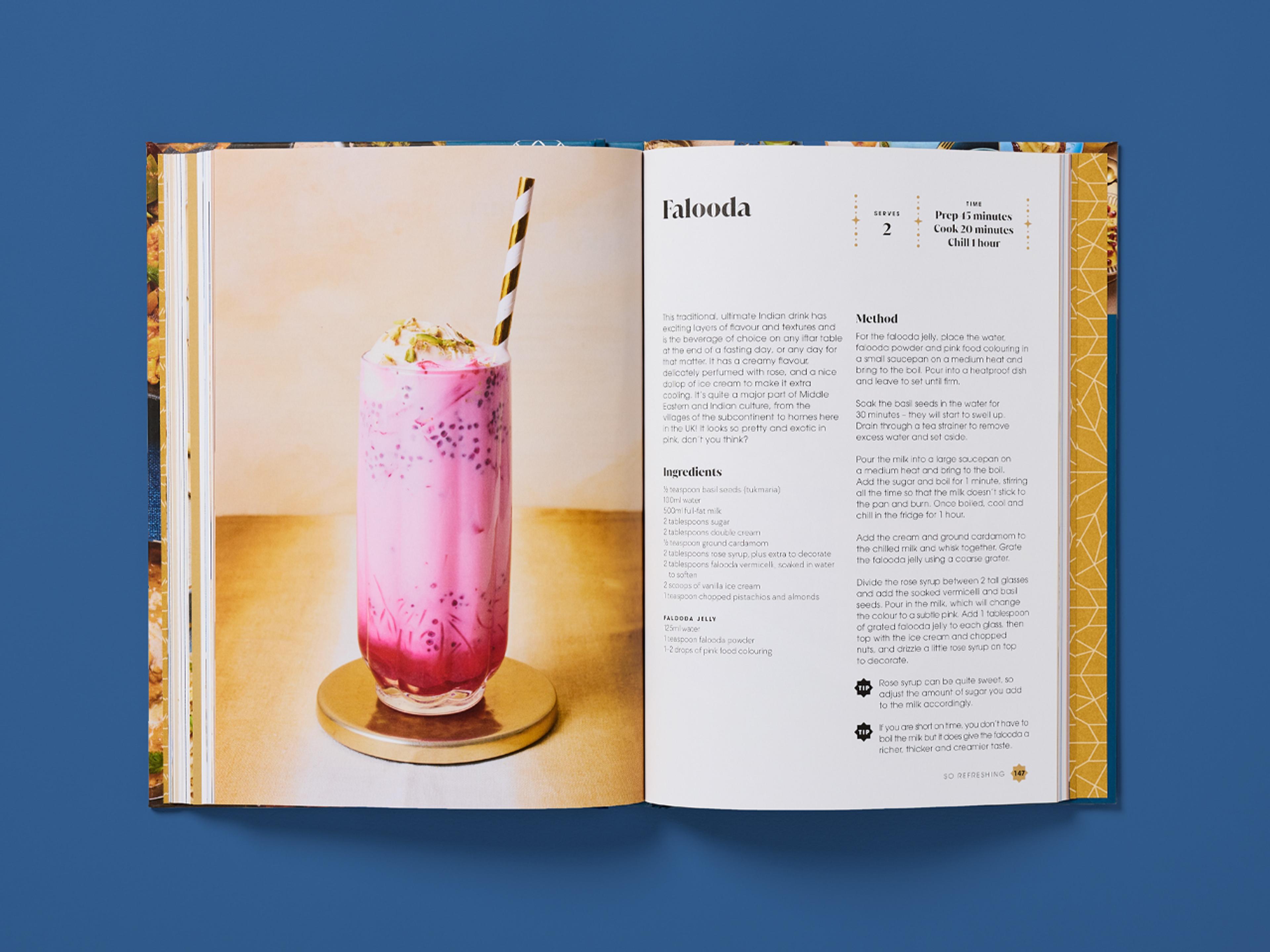 Open spread featuring “Falooda,” with a tall glass of pink layered drink topped with seeds and a striped straw on the left, and recipe details on the right, including ingredients, method, and prep, cook, and chill times.