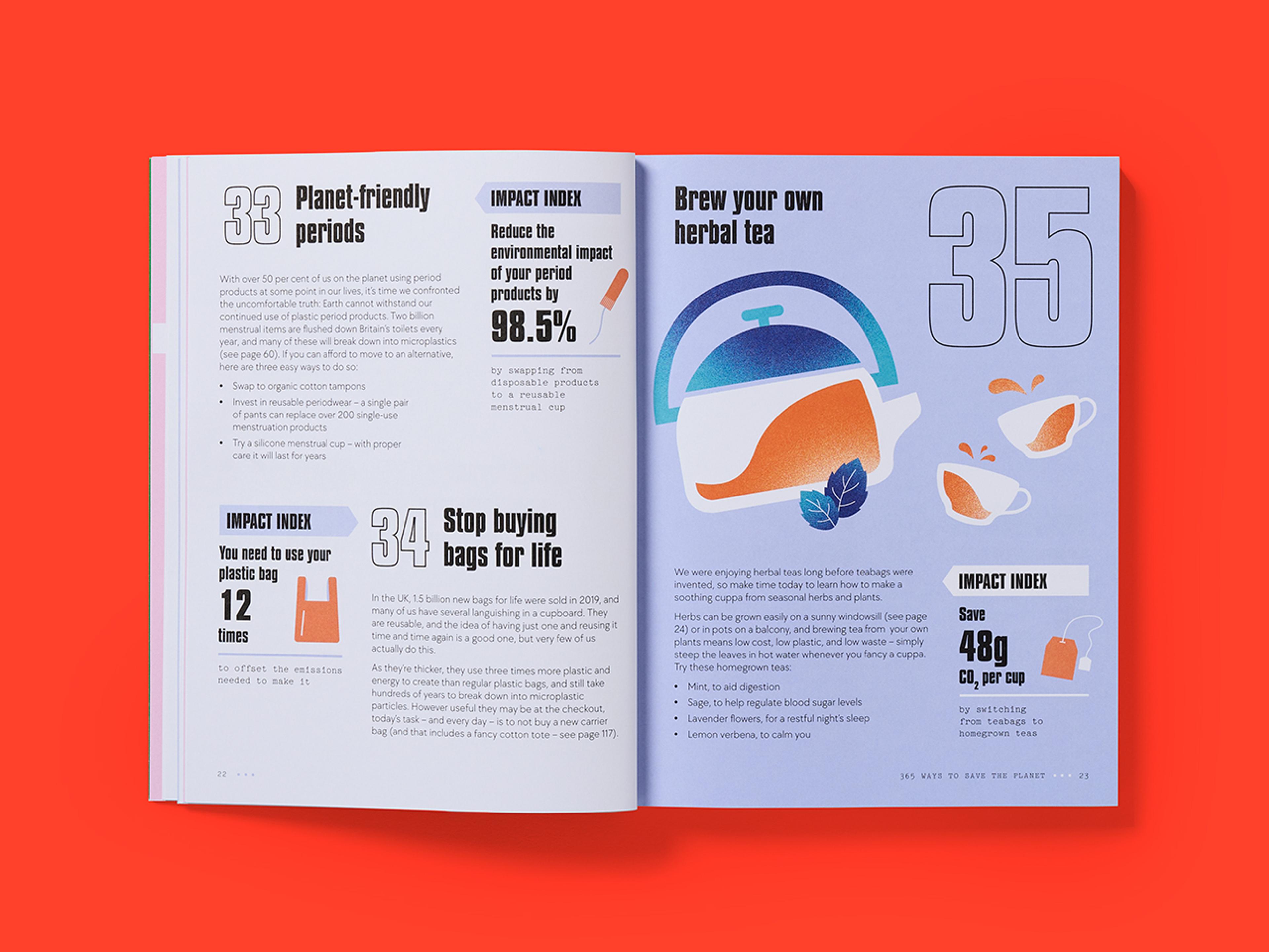 Open spread from 365 Ways to Save the Planet, featuring sustainability tips.