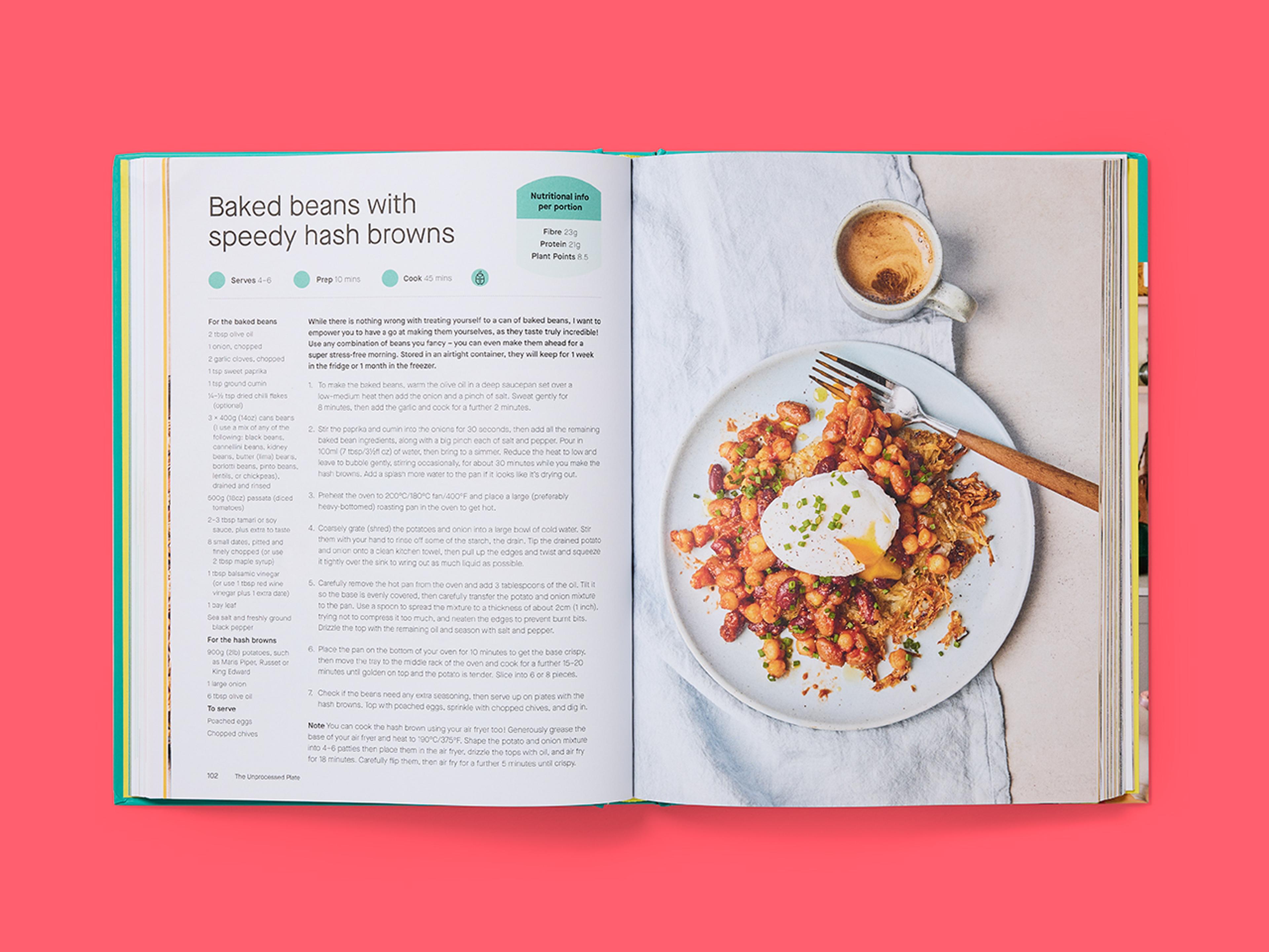 Open spread from The Unprocessed Plate, featuring a recipe and a photograph of baked beans with hash browns.