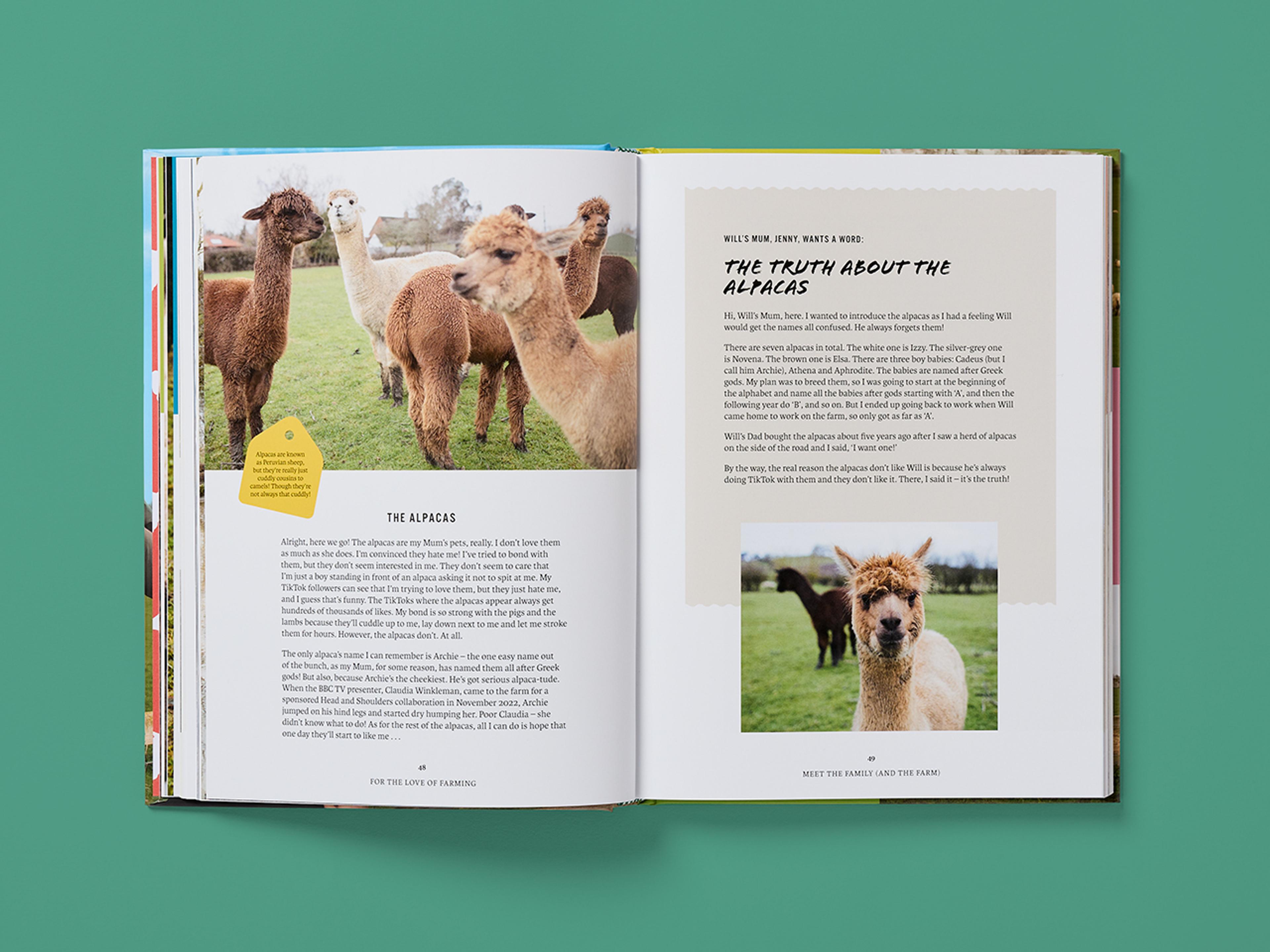Open spread from the book For the Love of Farming, featuring photography of farm life with clean layouts and seasonal structure.