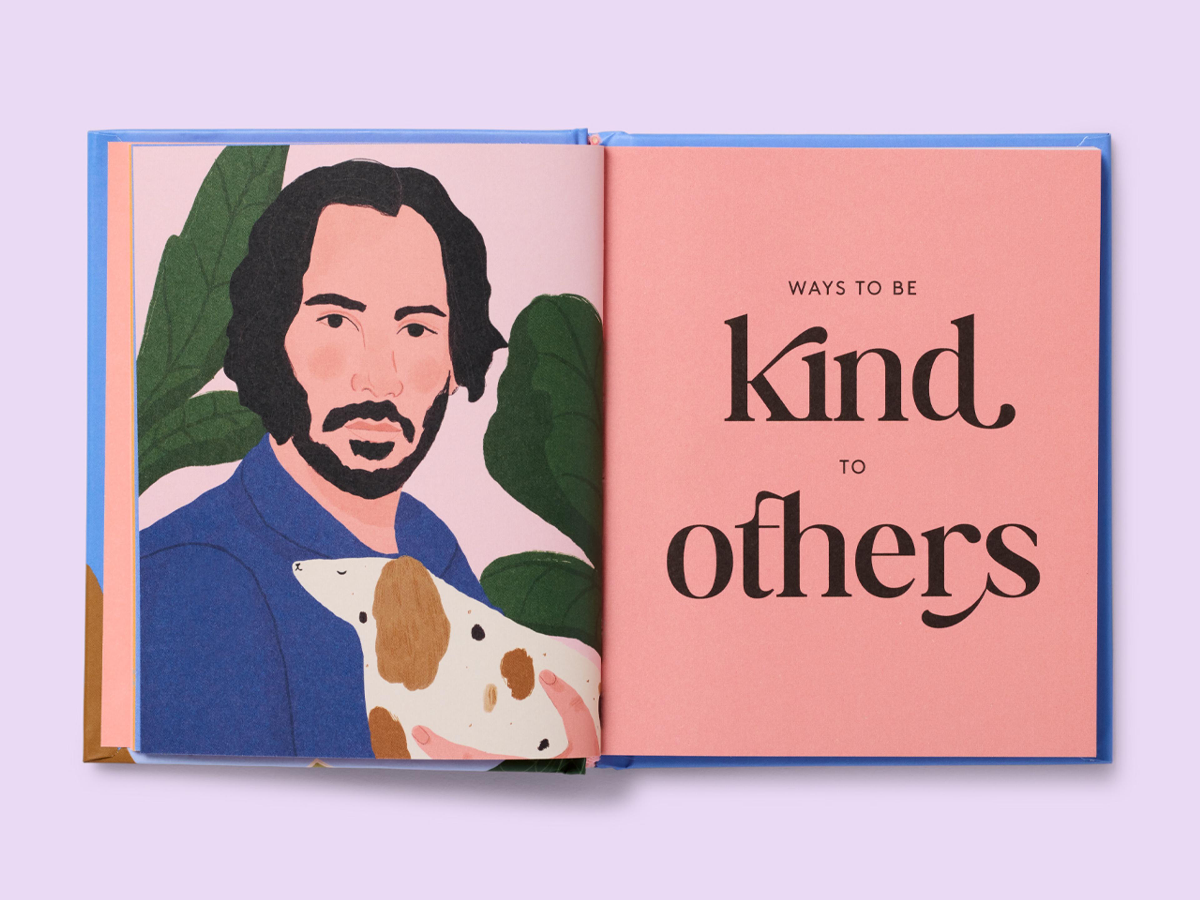 Open spread from 50 Guides Series, featuring bold typography and an illustration of Keanu Reeves.