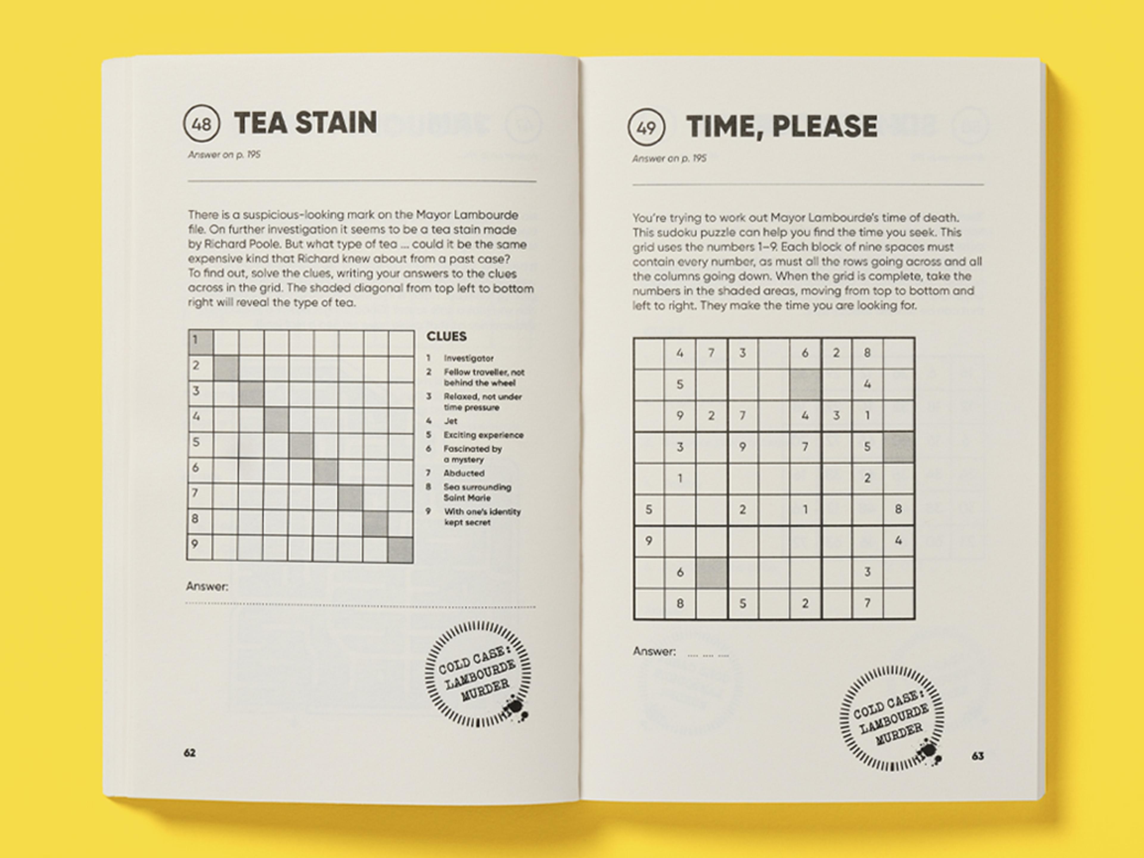 Open spreads from the Death in Paradise Puzzle Book showing different puzzles.