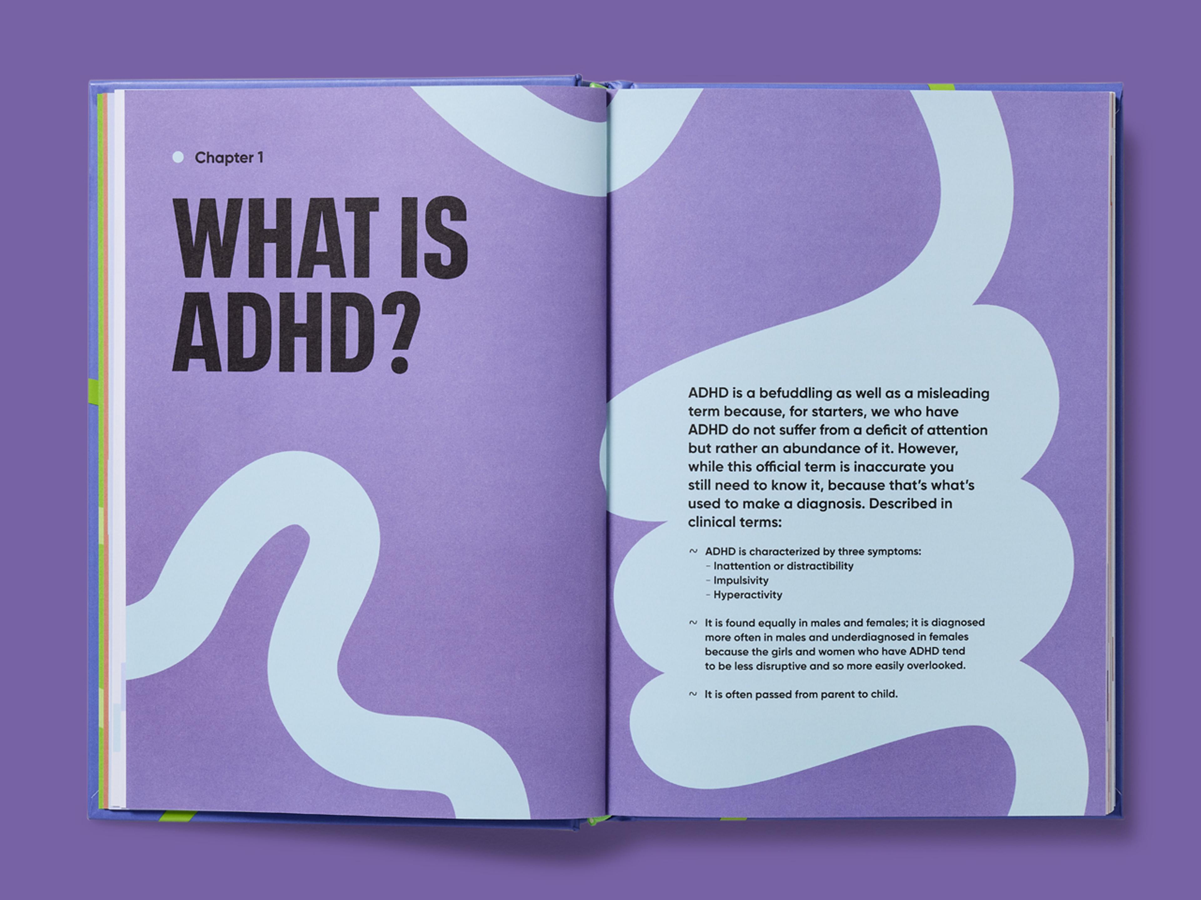 Open spread of ADHD Explained titled "What is ADHD?" with introductory text on a purple background with abstract shapes.