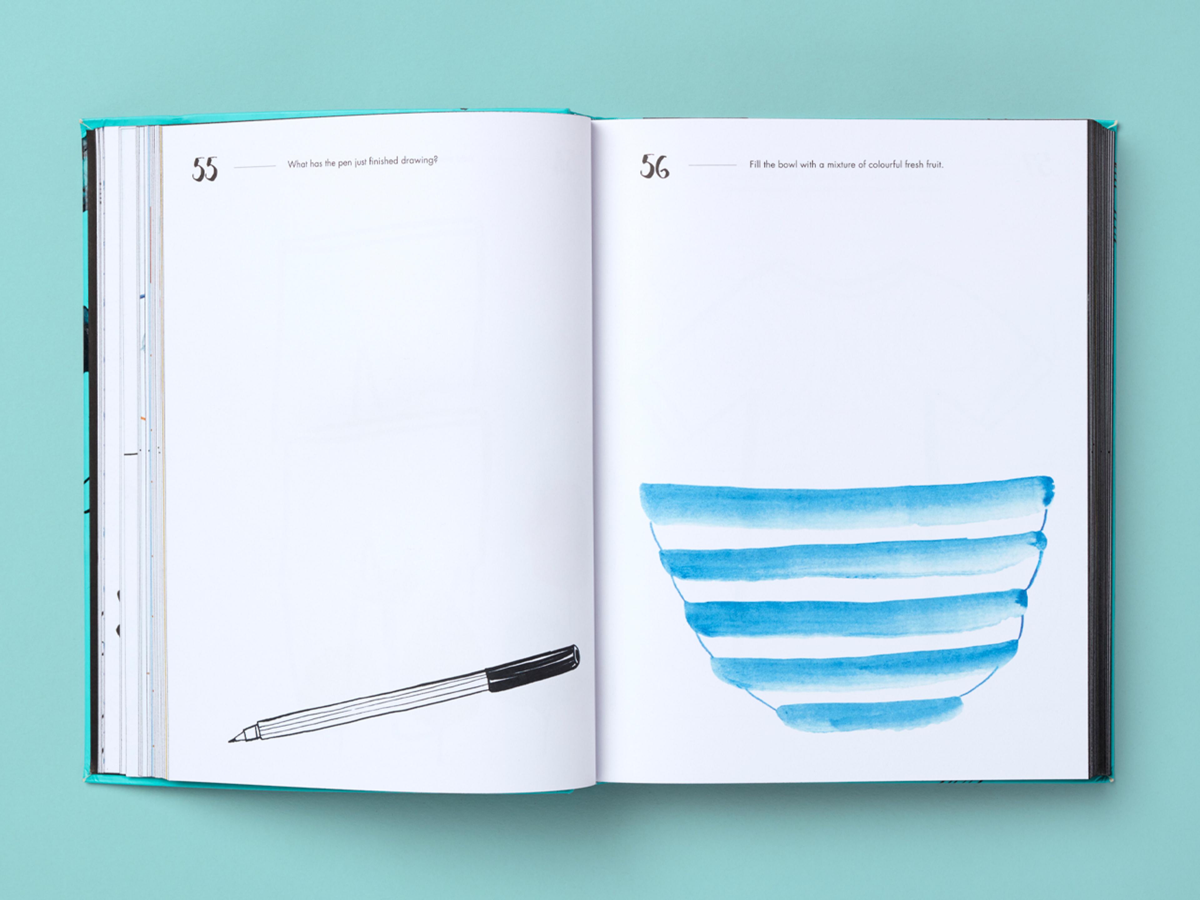Open spreads from the 365 Days of Art with illustrations of a pen and a fruit bowl.