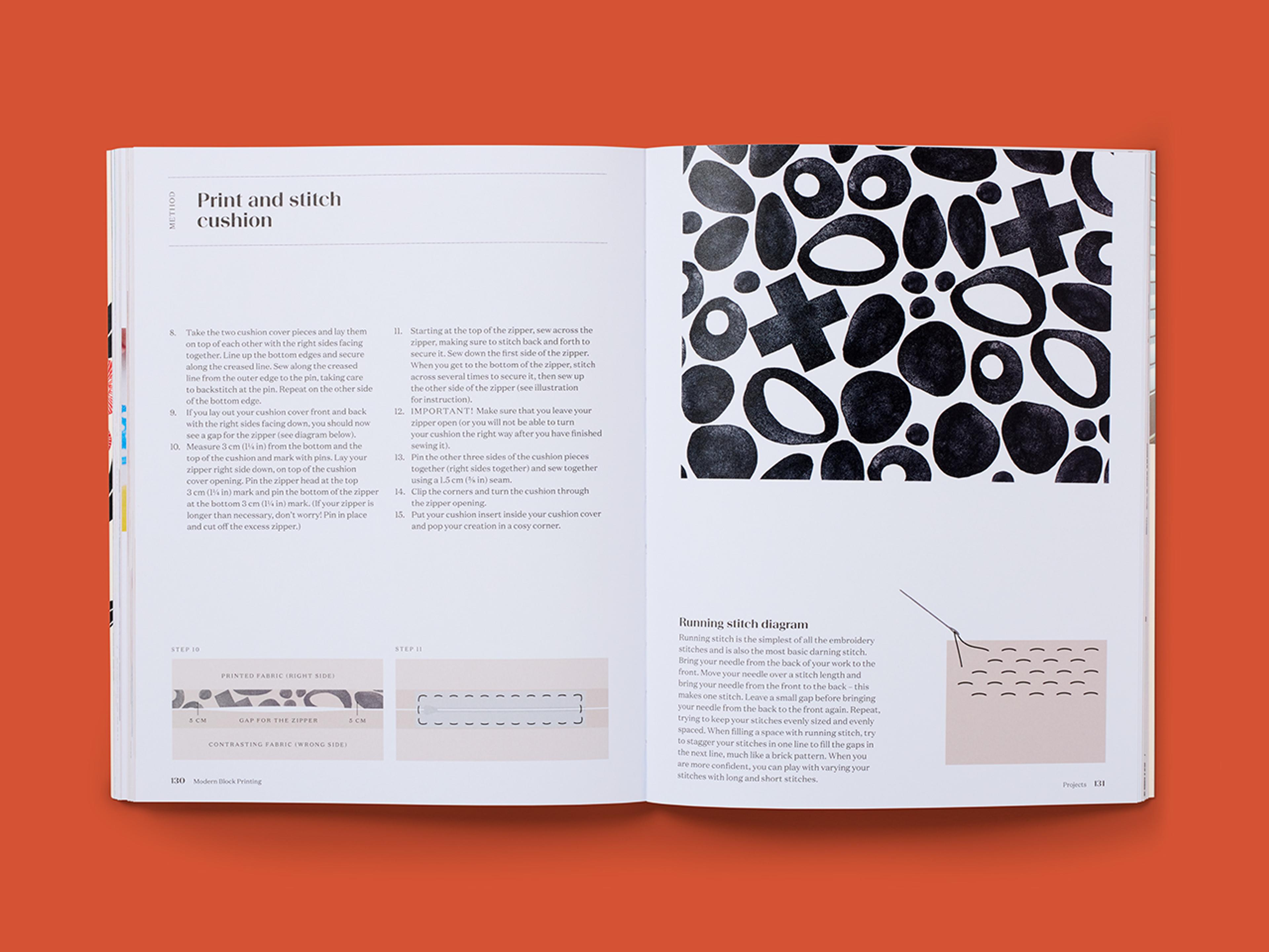 Open spread from Modern Block Printing, featuring explanatory text and a black and white pattern.