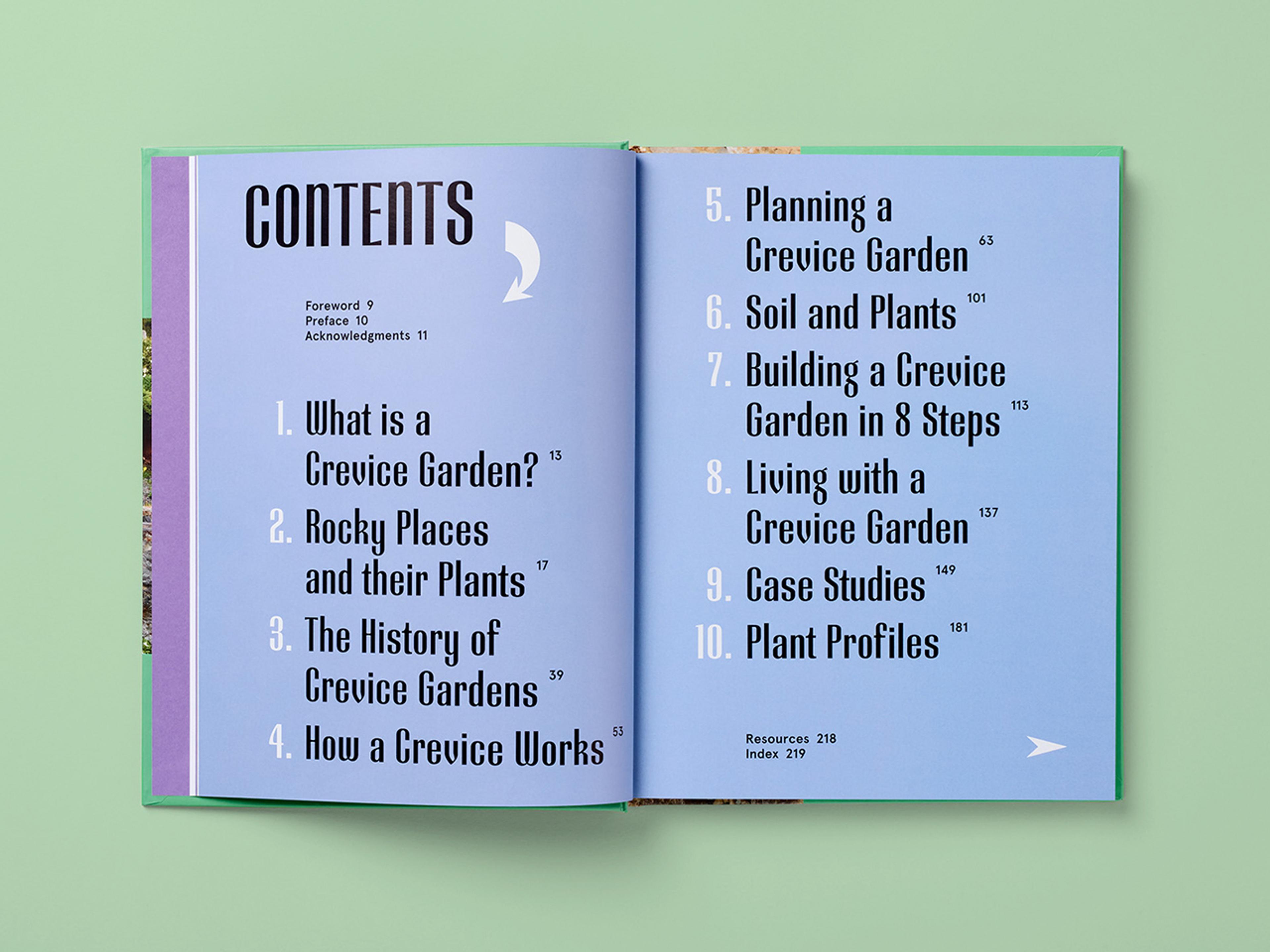 Open spread of the book The Crevice Garden.