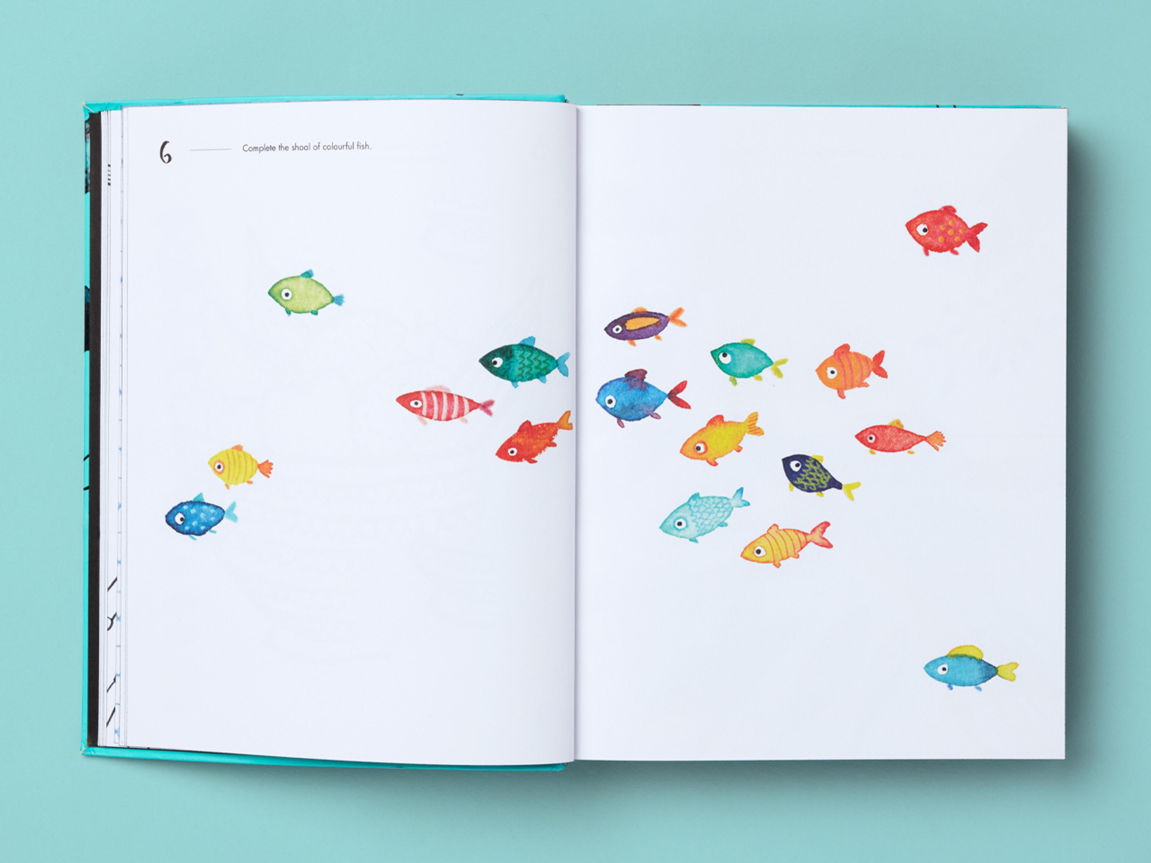 Open spreads from the 365 Days of Art with colourful illustrations of fish.