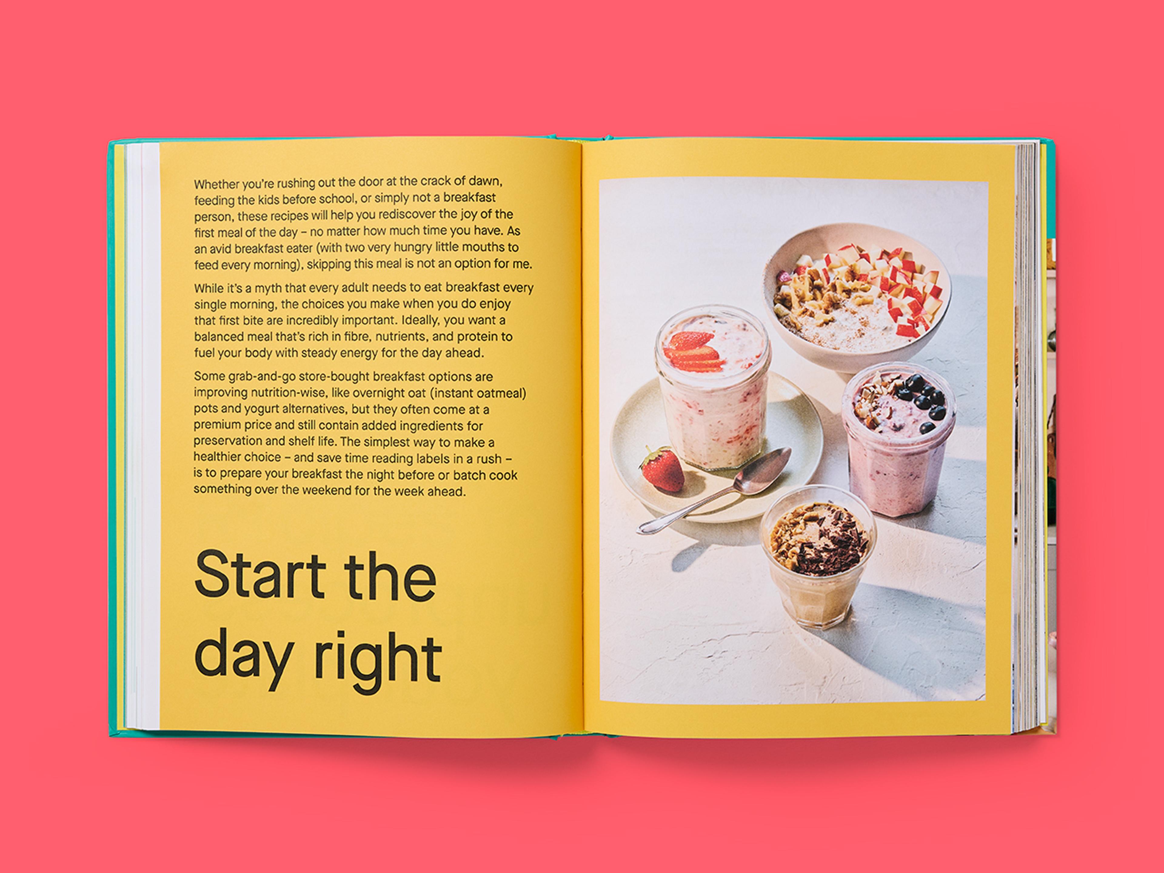 Open spread from The Unprocessed Plate, featuring explanatory text and healthy breakfast foods.