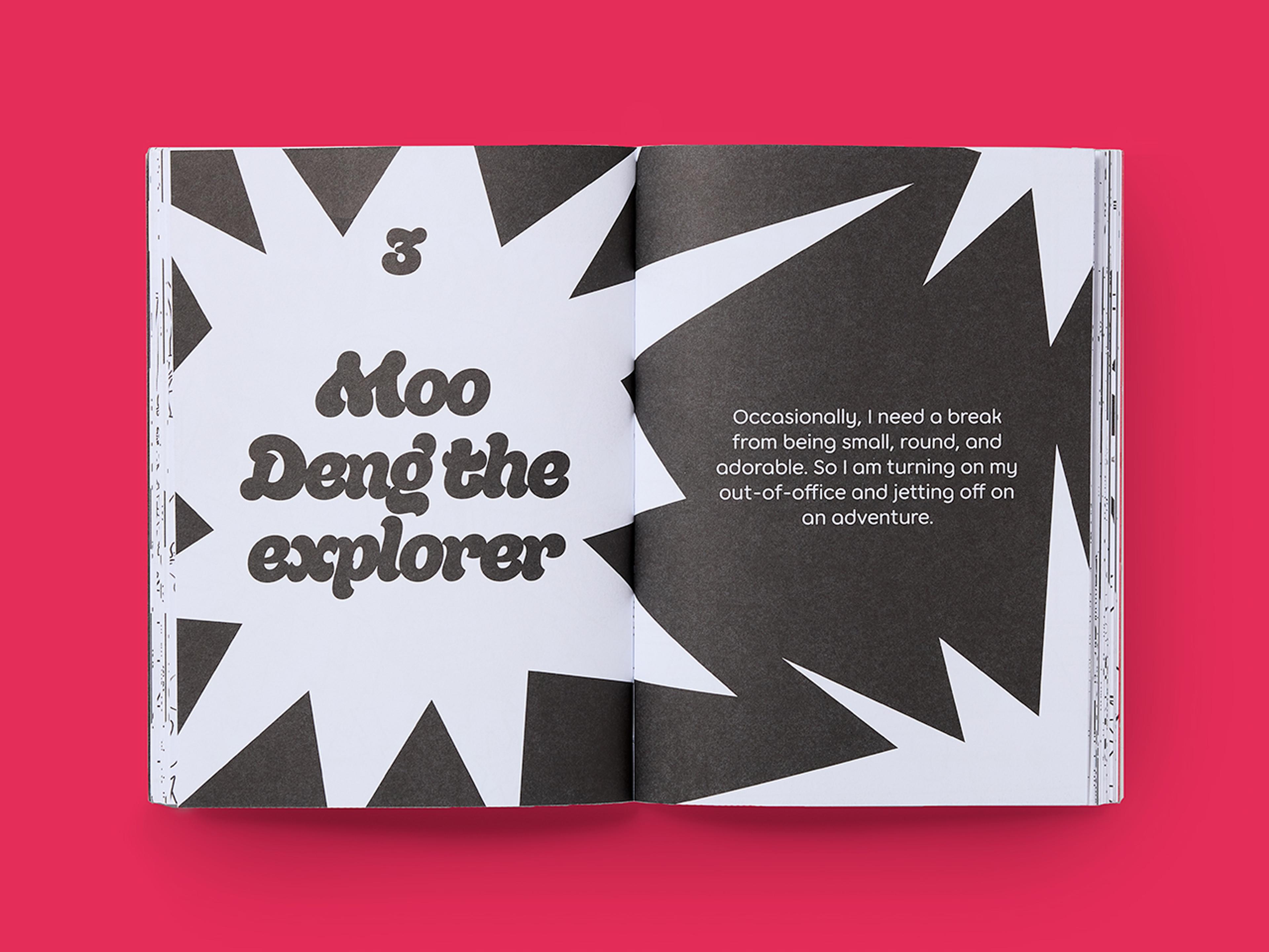 Open spread from Be More Moo Deng, featuring bold typography.