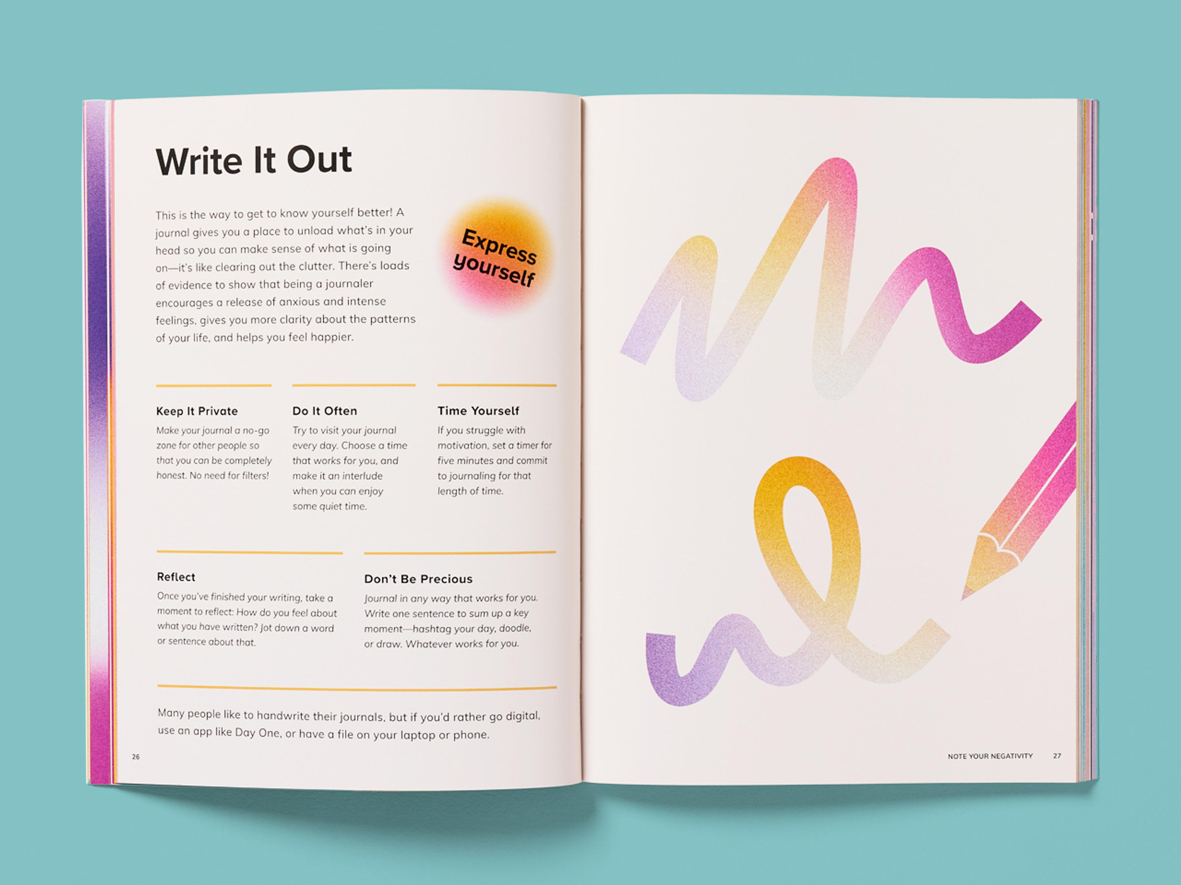 Open spread of Cards Against Series book titled "Write It Out" with journaling prompts and a colourful scribble and pencil illustration.