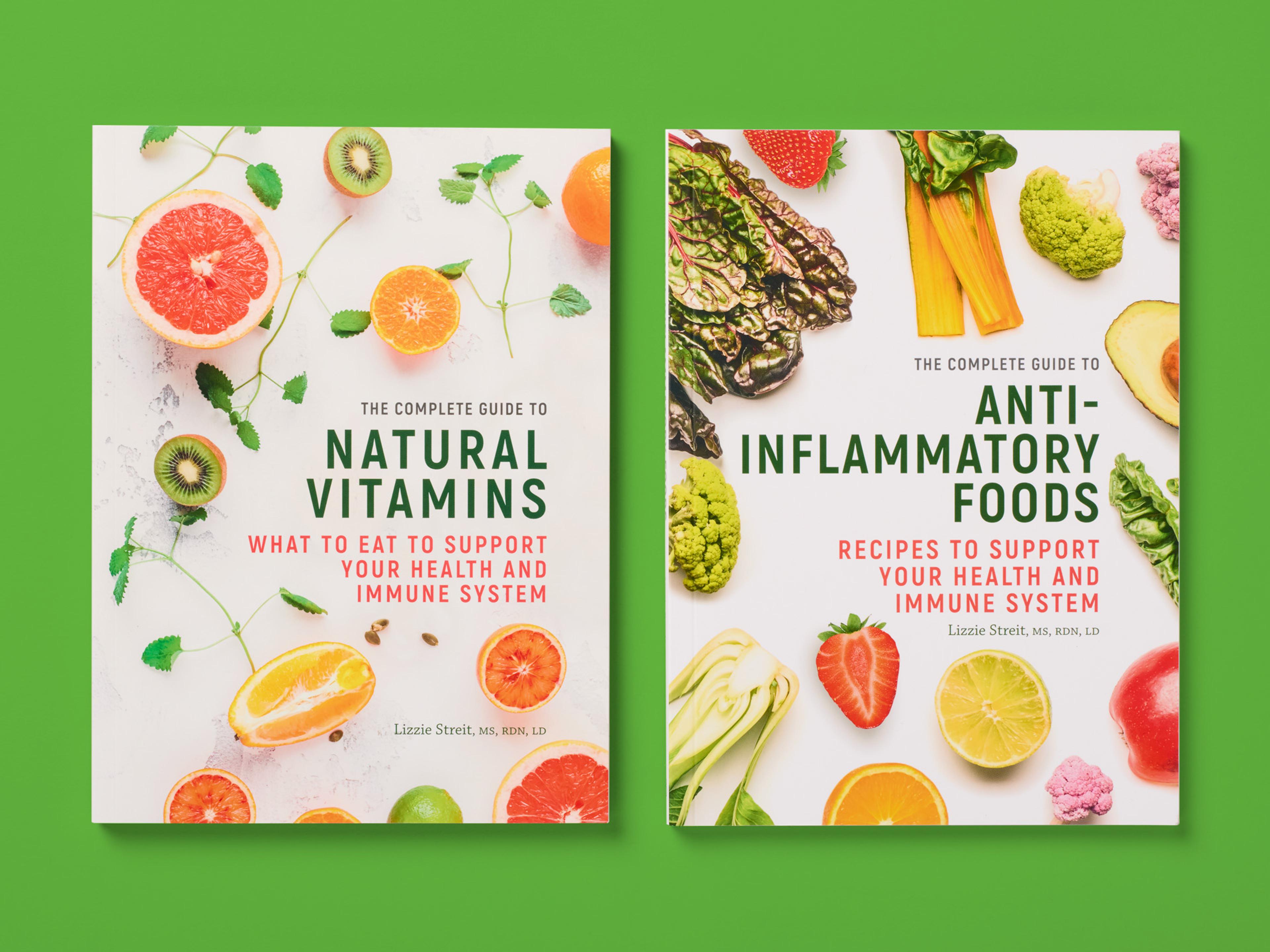 Two book covers from The Complete Guide series, titled "Natural Vitamins" and "Anti-Inflammatory Foods", featuring fruits and vegetables on a green background.