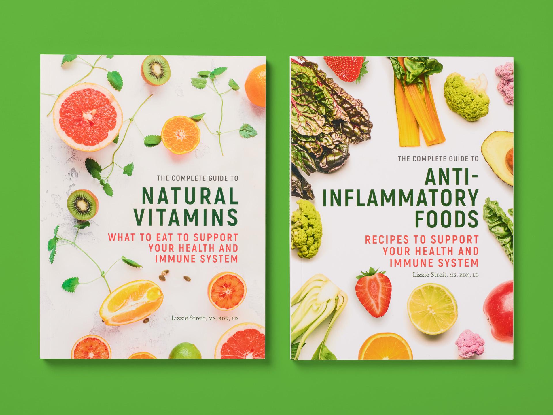 Two book covers from The Complete Guide series, titled "Natural Vitamins" and "Anti-Inflammatory Foods", featuring fruits and vegetables on a green background.