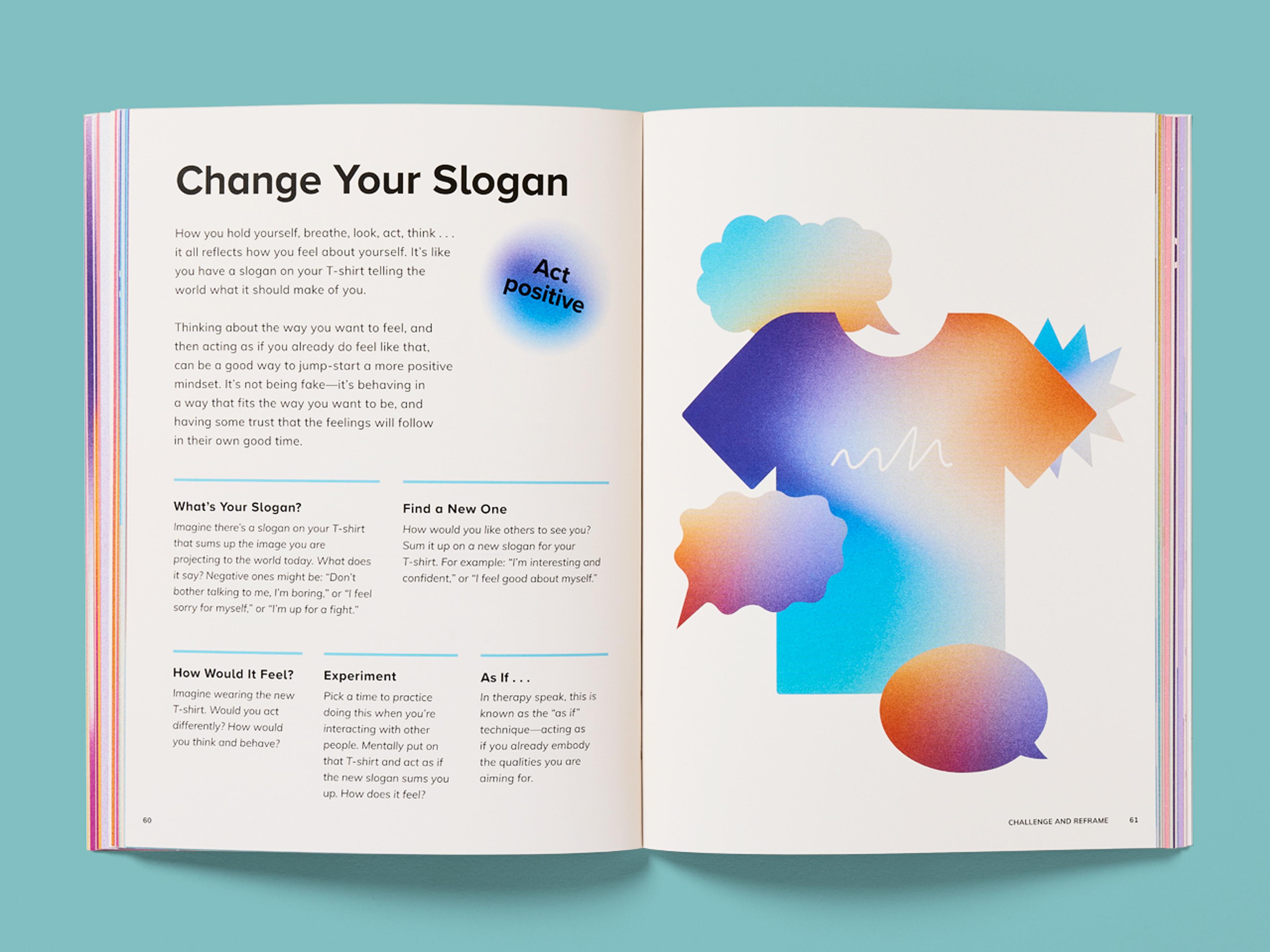 Open spread of Cards Against Series book titled "Change Your Slogan" with prompts and a colourful T-shirt illustration with speech bubbles.