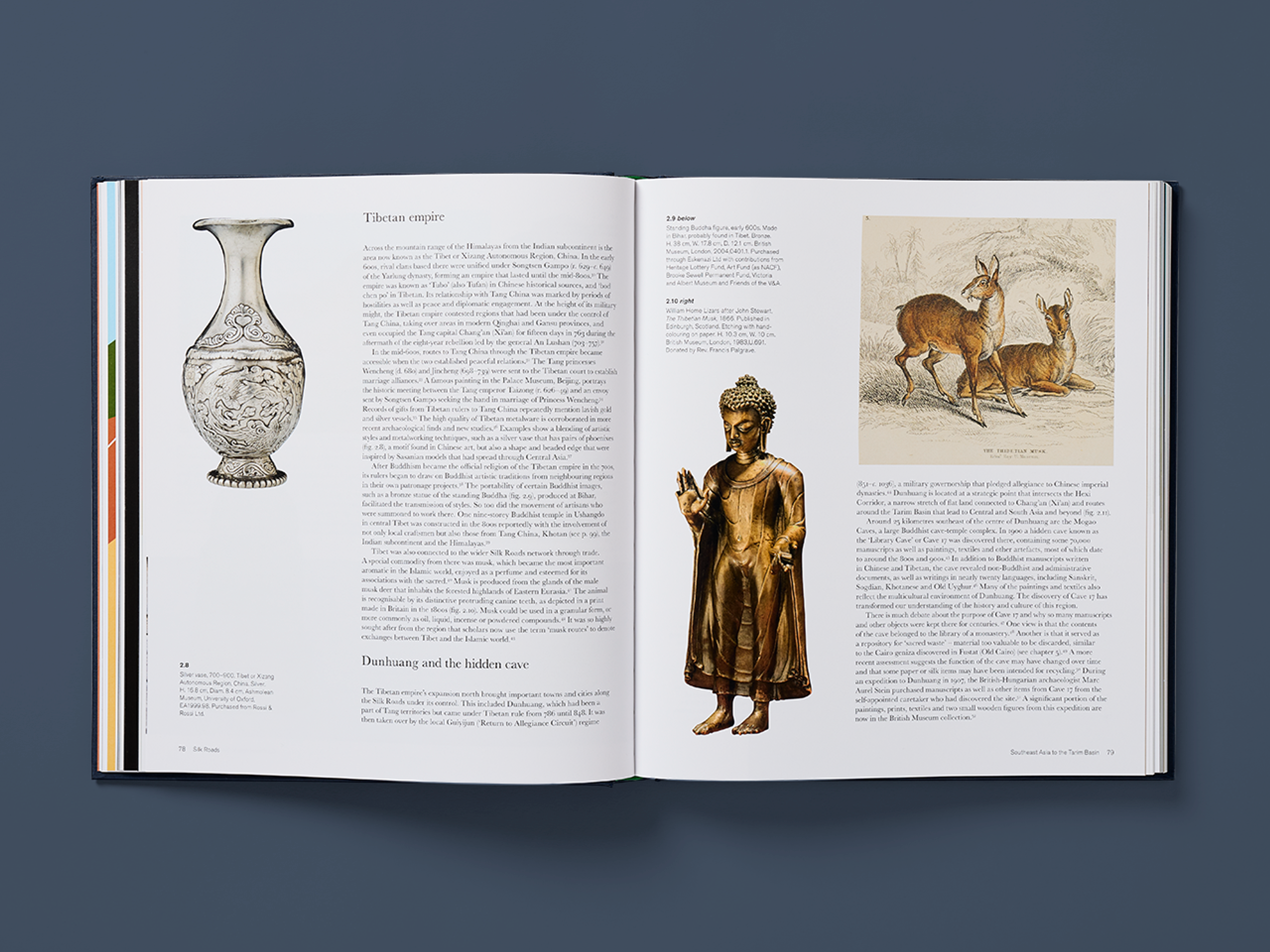Open spreads from the Silk Roads showing photographs of various antique figurines accompanied by explanatory text.