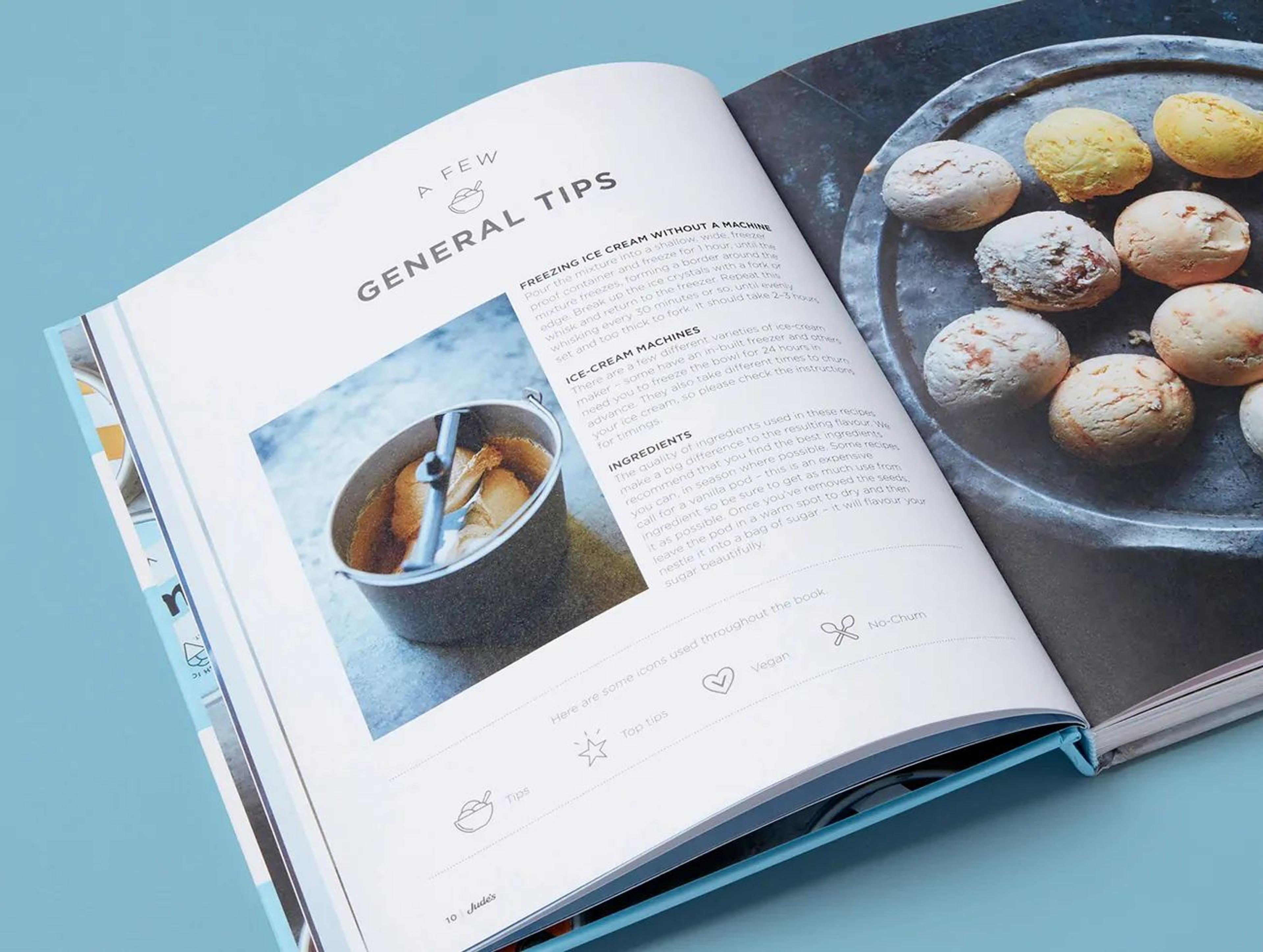 Open spread from Jude's Ice Cream and Desserts, featuring general tips and a photograph of ice cream scoops on a plate.