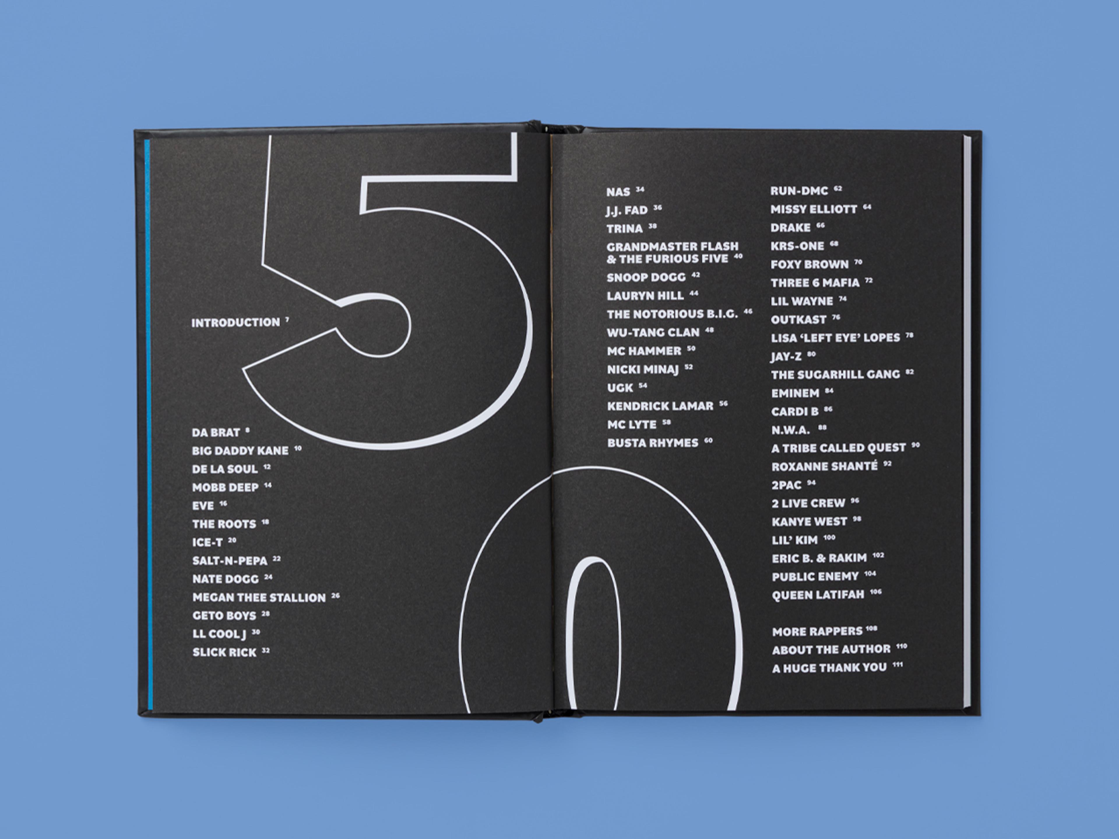 Open spread of 50 Rappers Who Changed the World.