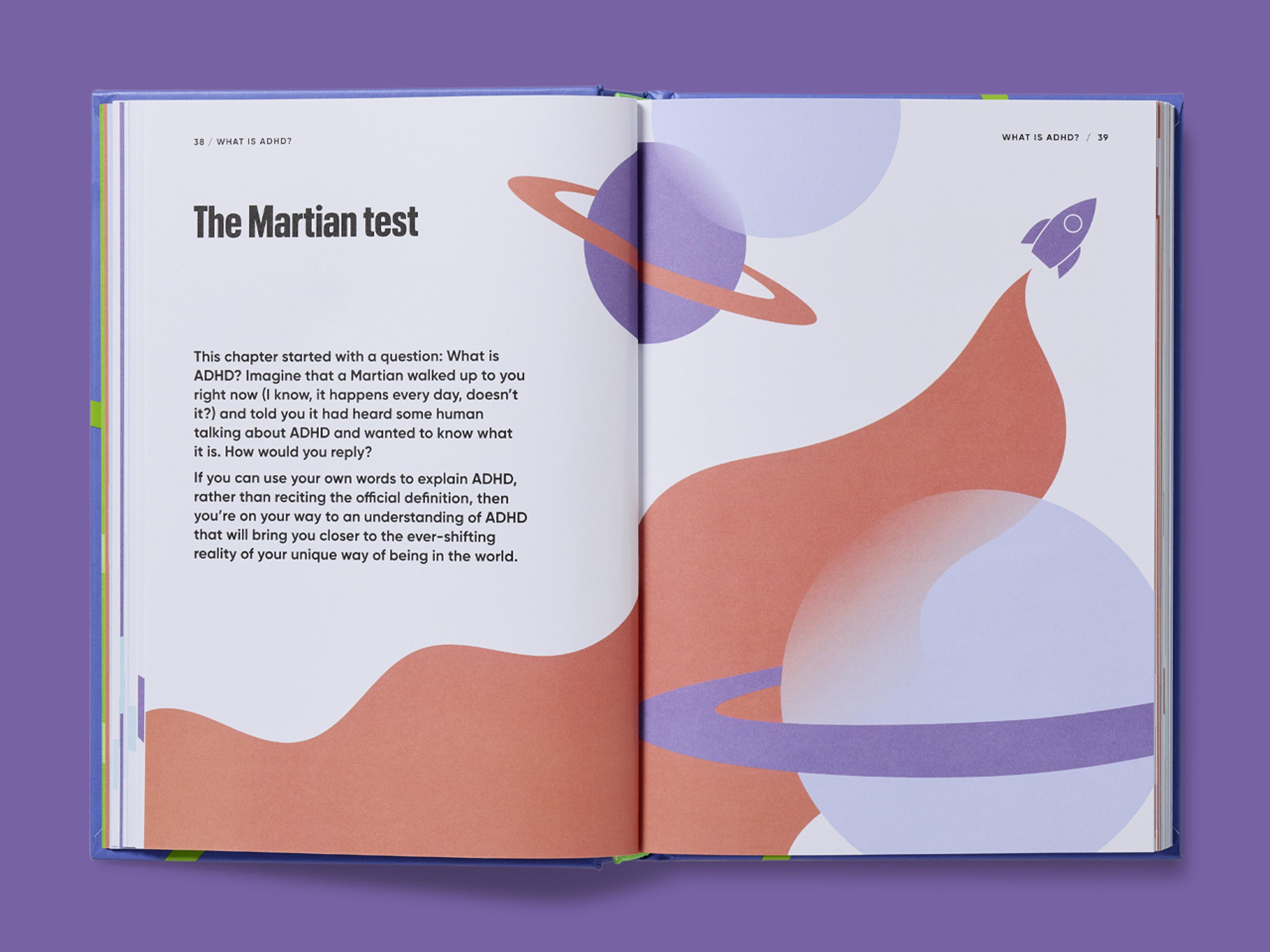 Open spread of ADHD Explained titled "The Martian test" with text and abstract space-themed illustrations of planets and a rocket.