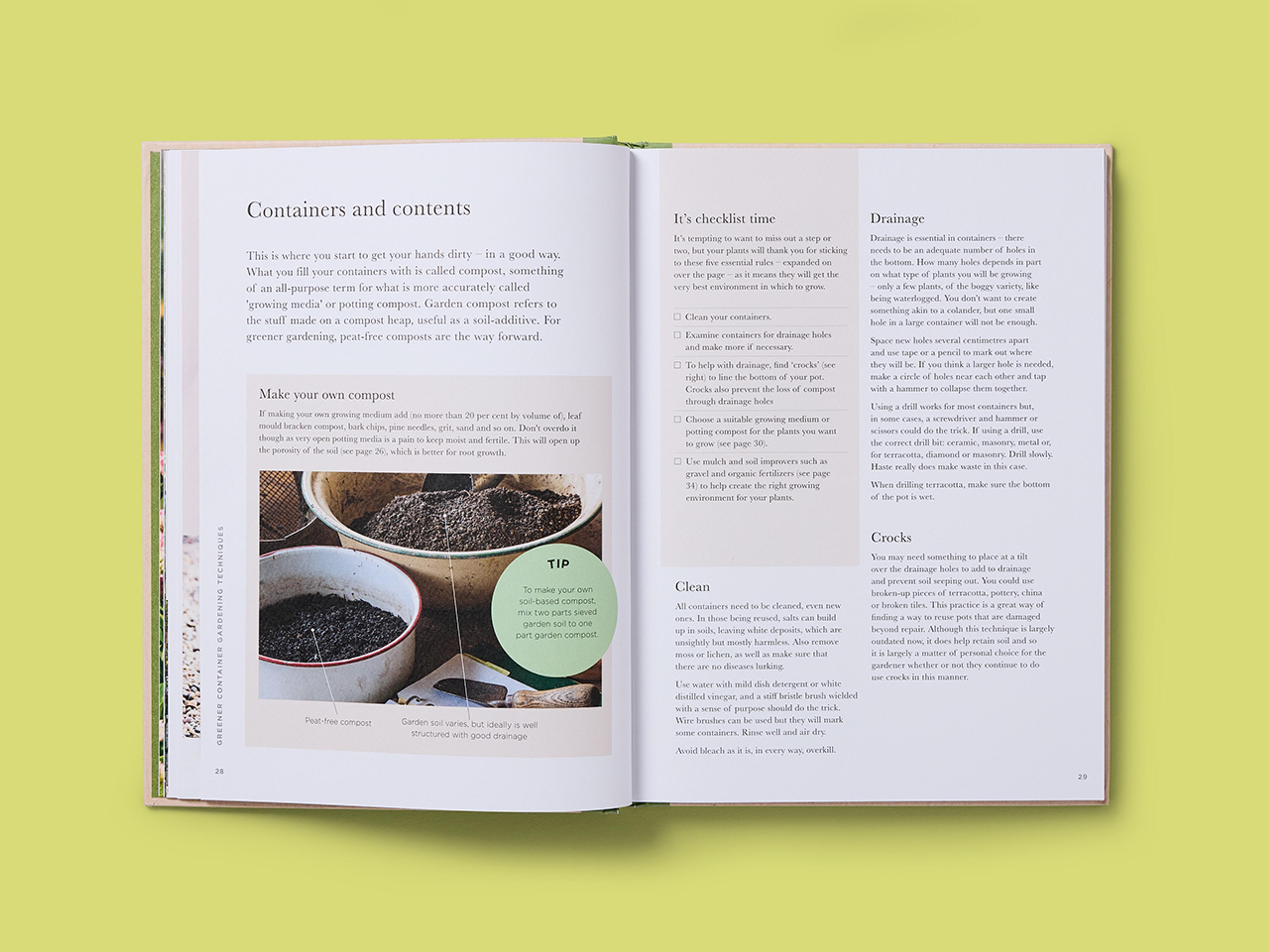 Open spreads from the RHS Greener Gardening Series with photograph and explanatory text.