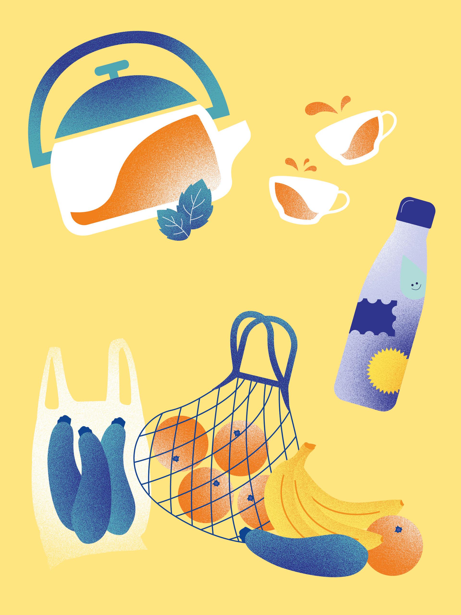 Illustration of everyday items on a yellow background, including a kettle pouring tea into cups, a reusable water bottle, a plastic bag and a mesh bag with groceries, and loose fruits such as bananas and oranges.