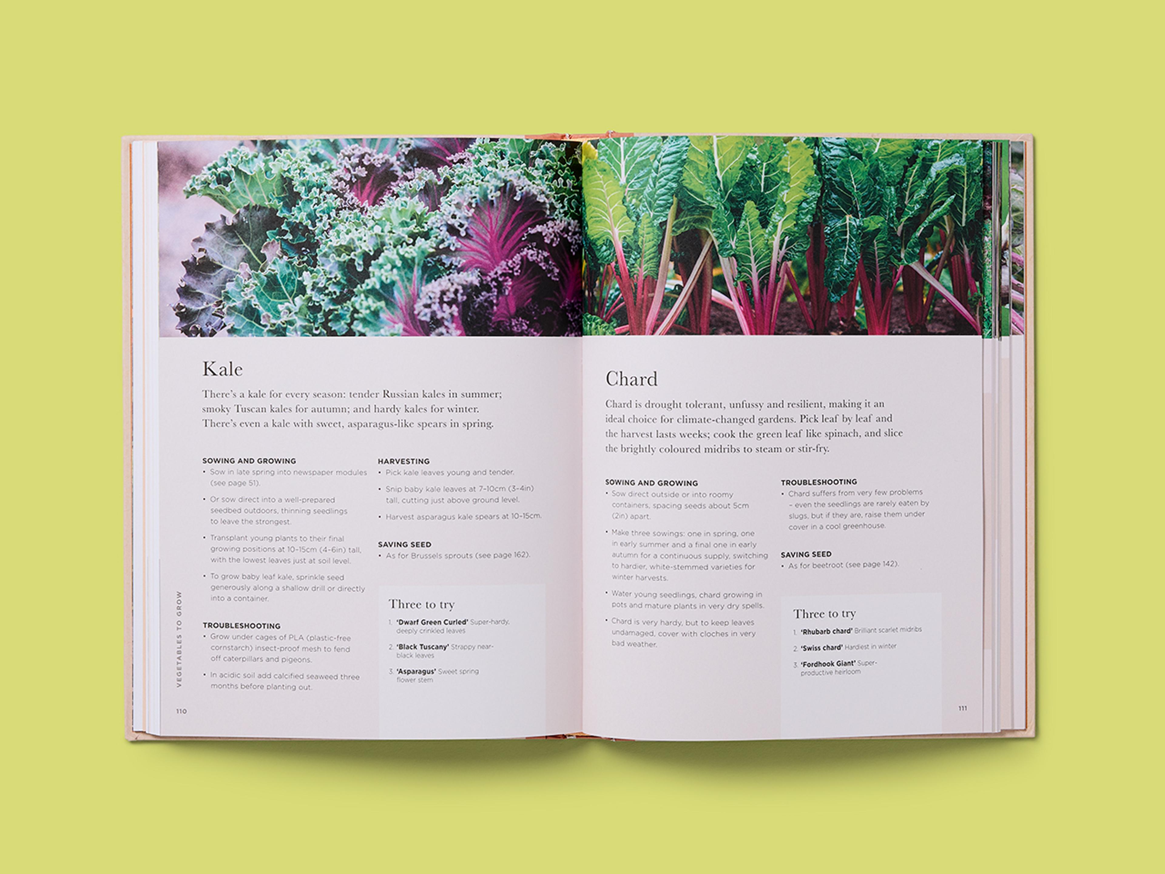Open spreads from the RHS Greener Gardening Series with photographs of various vegetables and explanatory text.