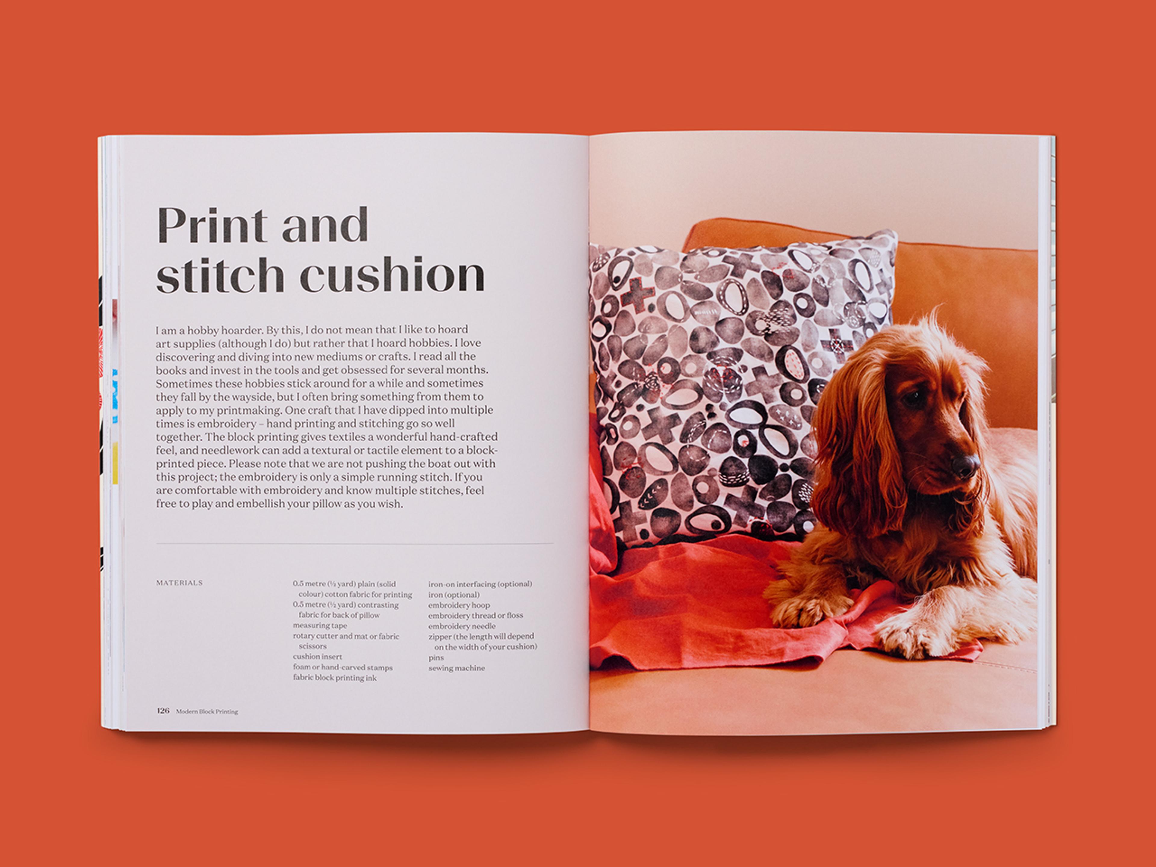 Open spread from Modern Block Printing, featuring a photo of a dog and explanatory text.