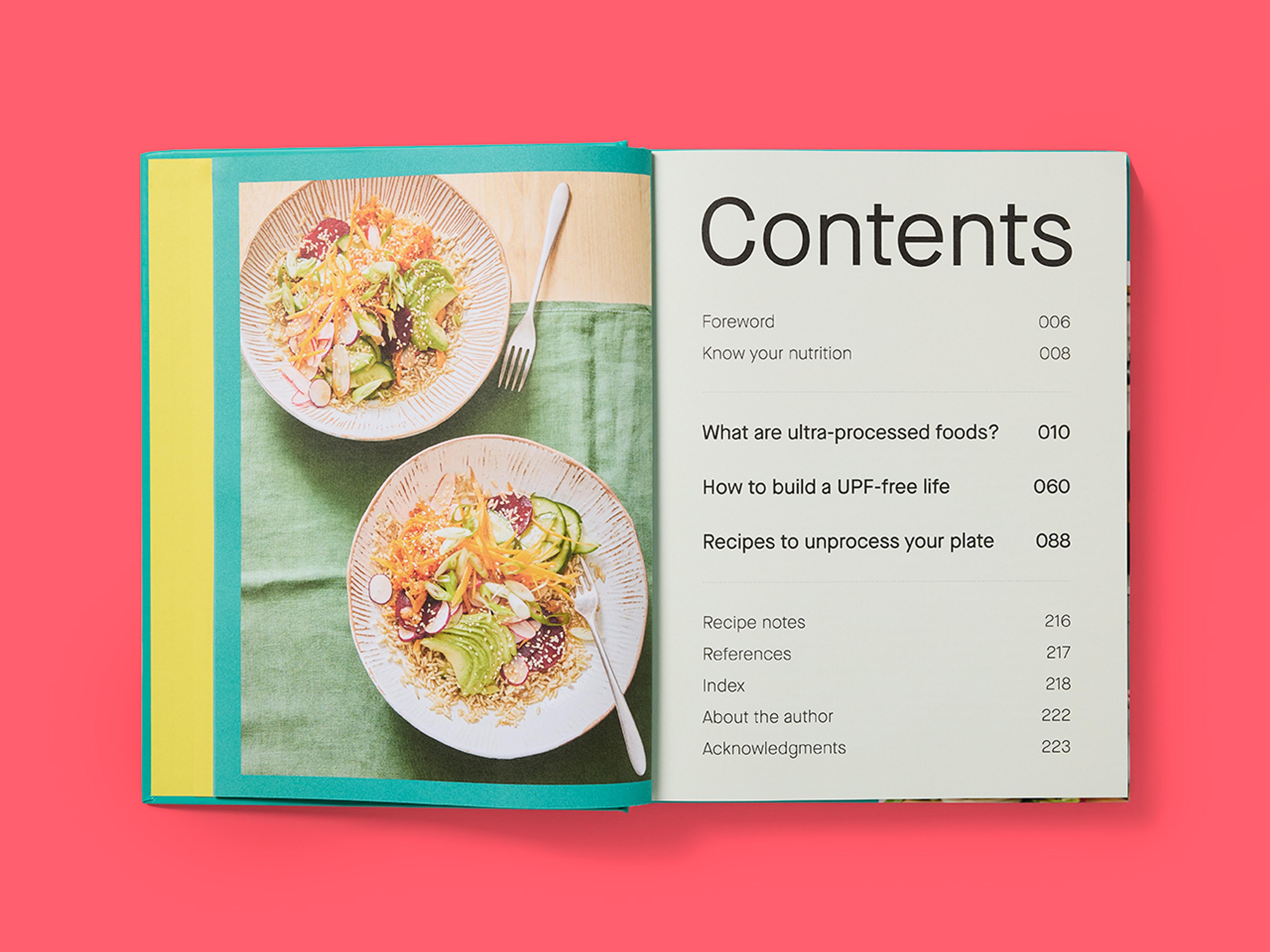 Open spread from The Unprocessed Plate, featuring the table of contents and food photography.