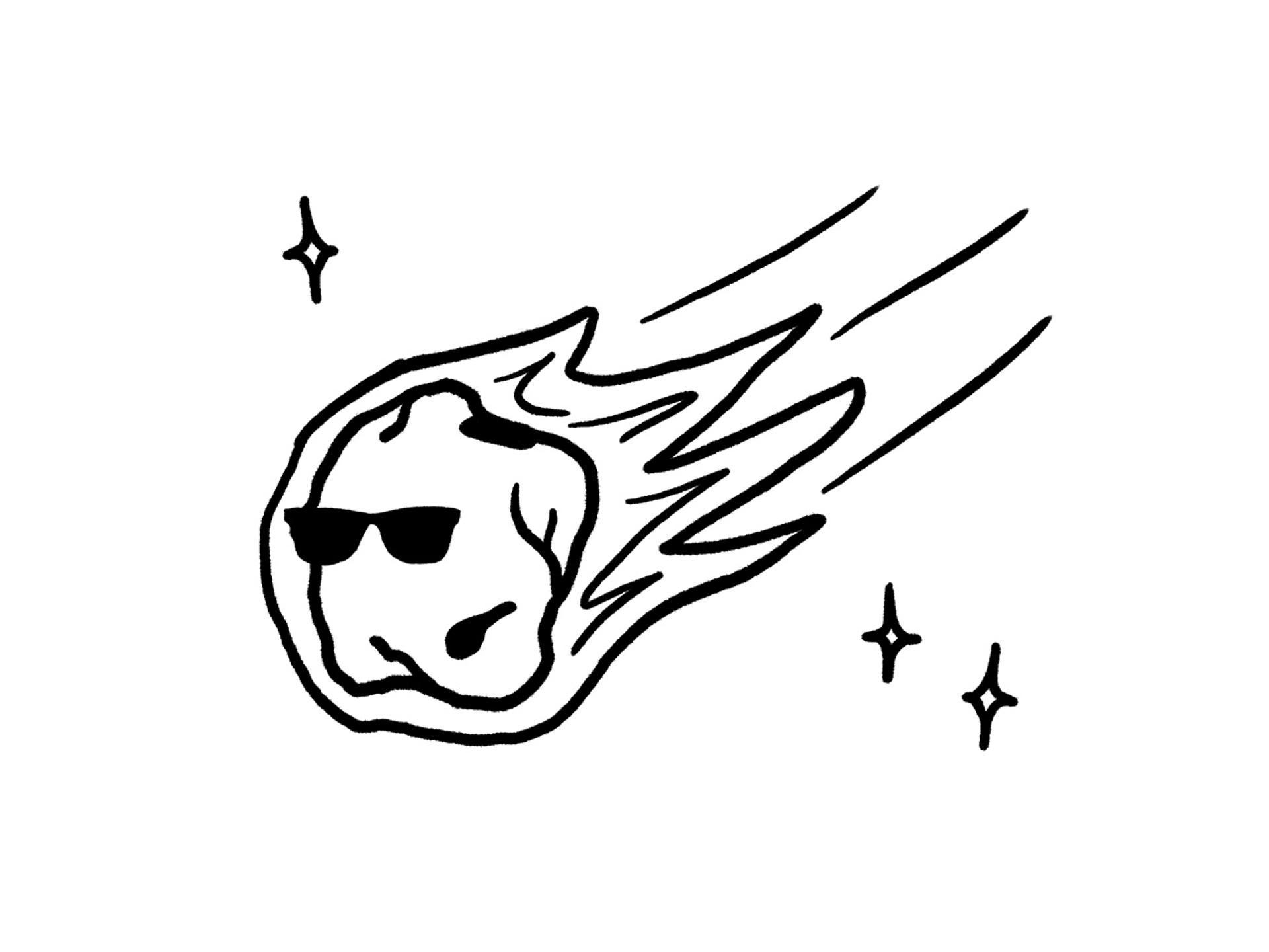 Black icon of a flaming meteor with a face wearing sunglasses, streaking through space with sparkles.