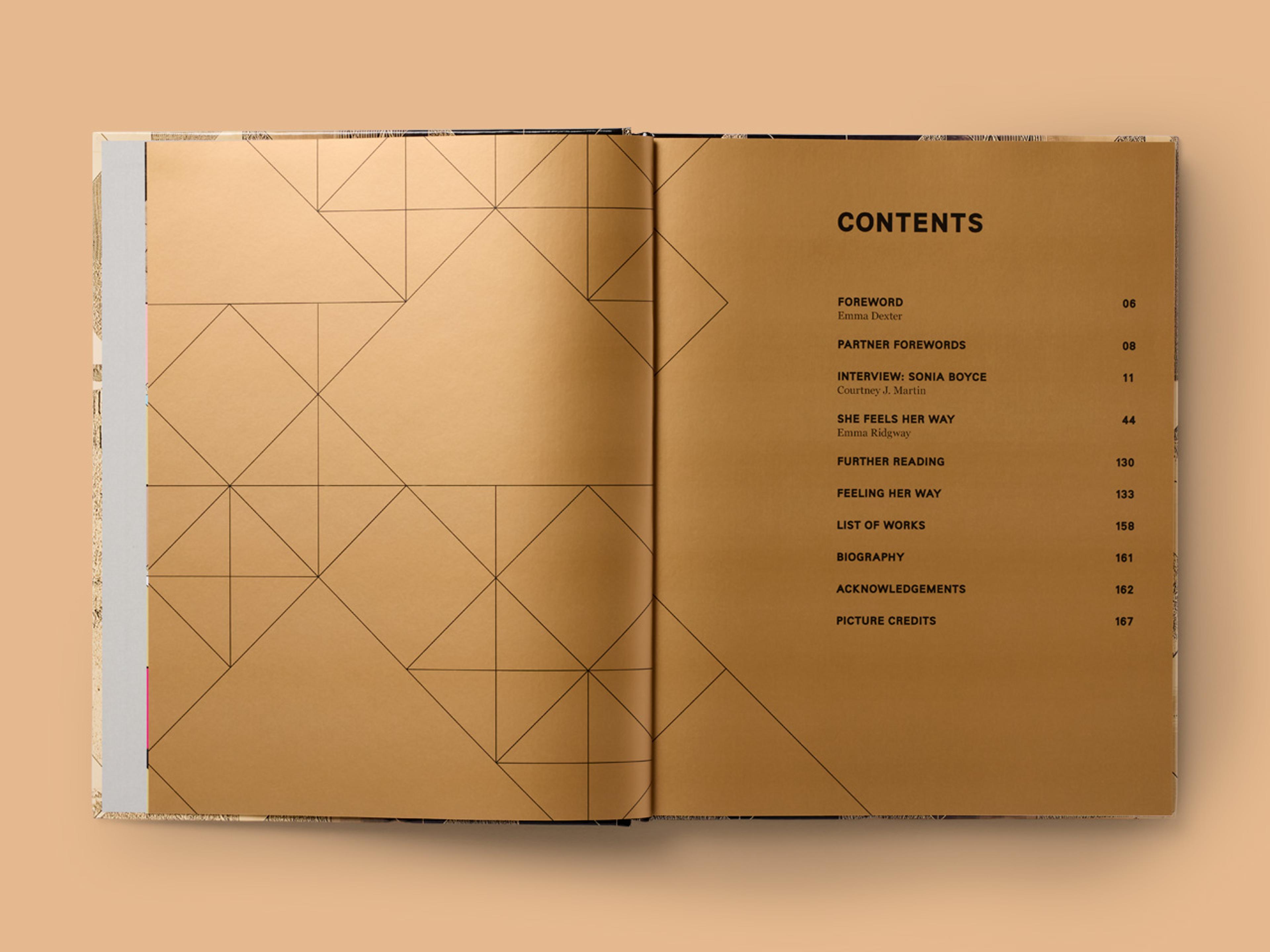 Open spread from Sonia Boyce, featuring a predominantly brown background and a clean layout.