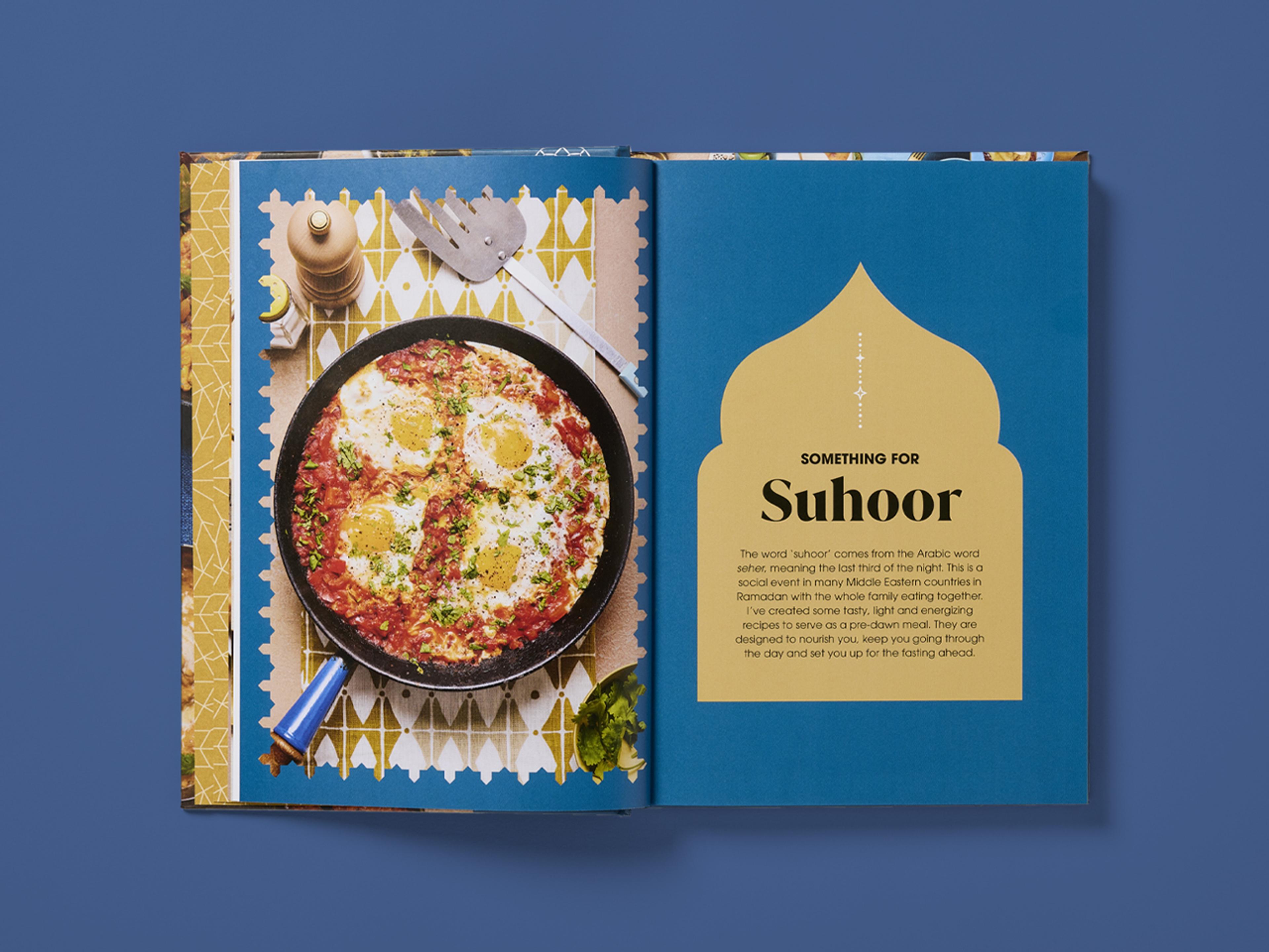 Open spread introducing “Something for Suhoor,” with a pan of baked eggs in a tomato-based dish on the left and a blue page on the right featuring a mosque-shaped panel with explanatory text about suhoor.