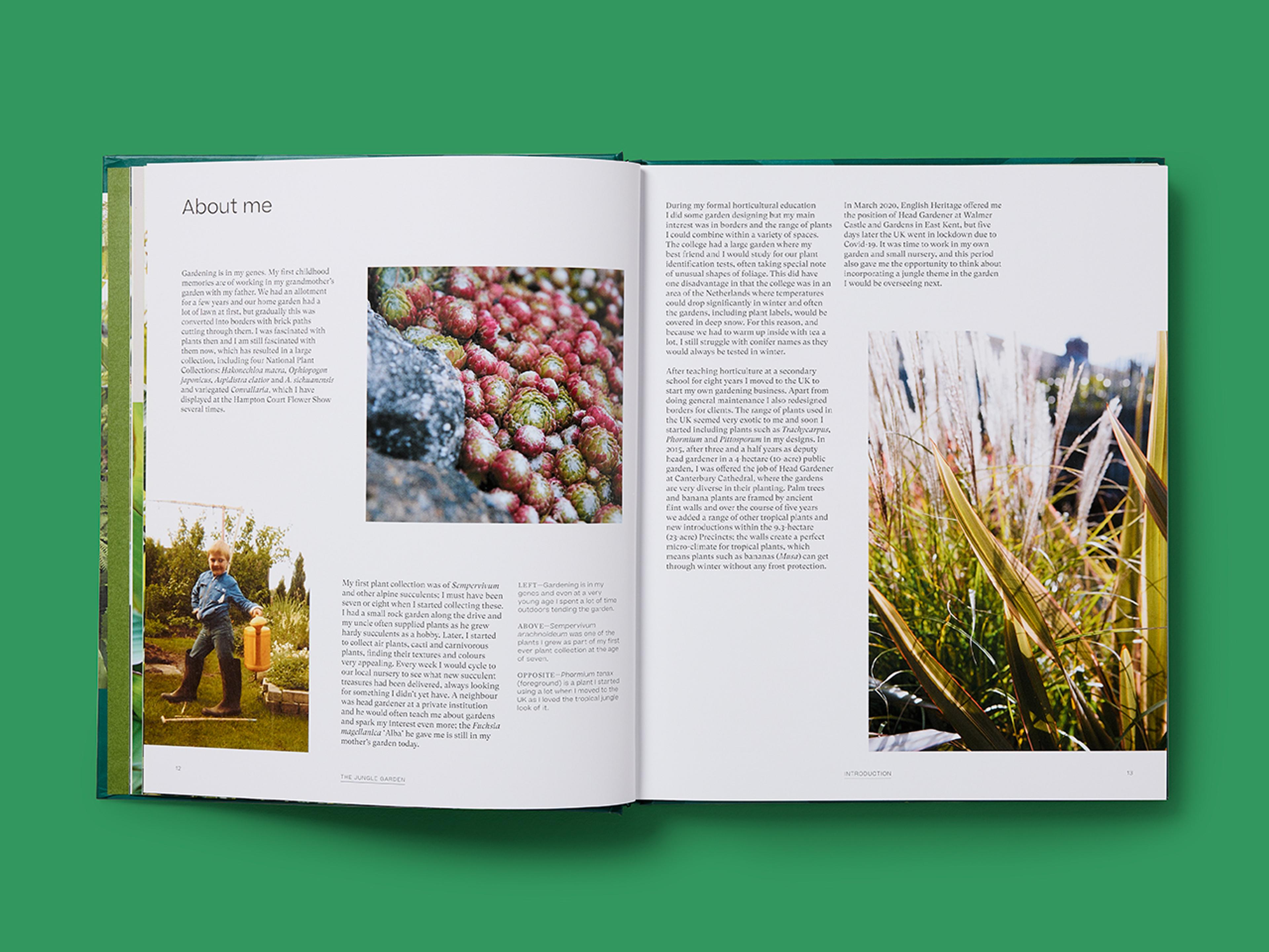 Open spread of The Jungle Garden showing an "About me" section with text and photographs of plants and the author in a garden.