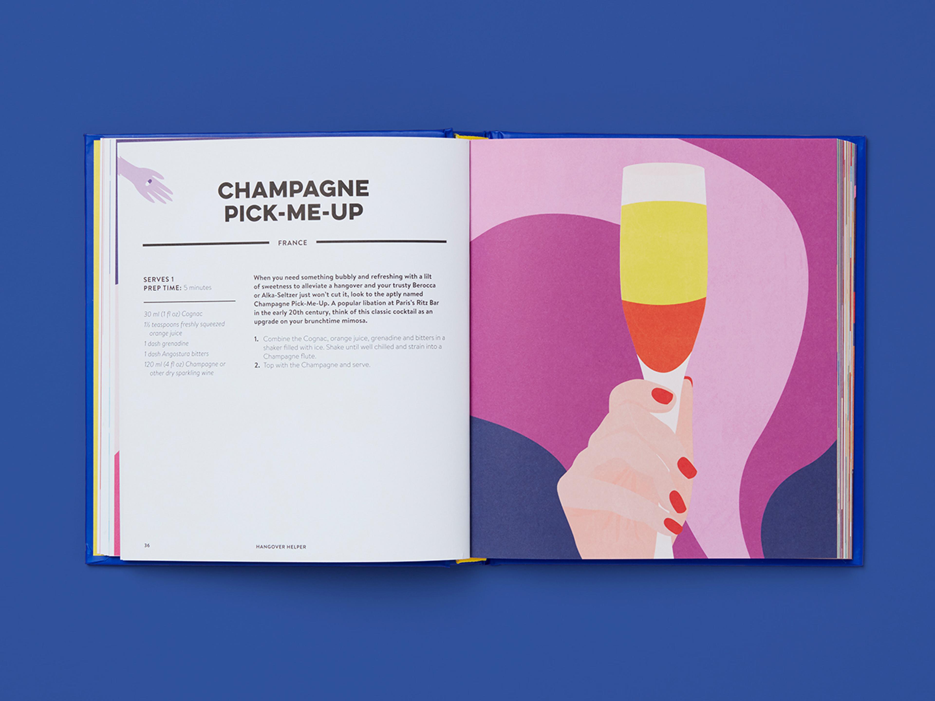 Open spreads from the Hangover Helper book showing recipes alongside colourful illustrations.