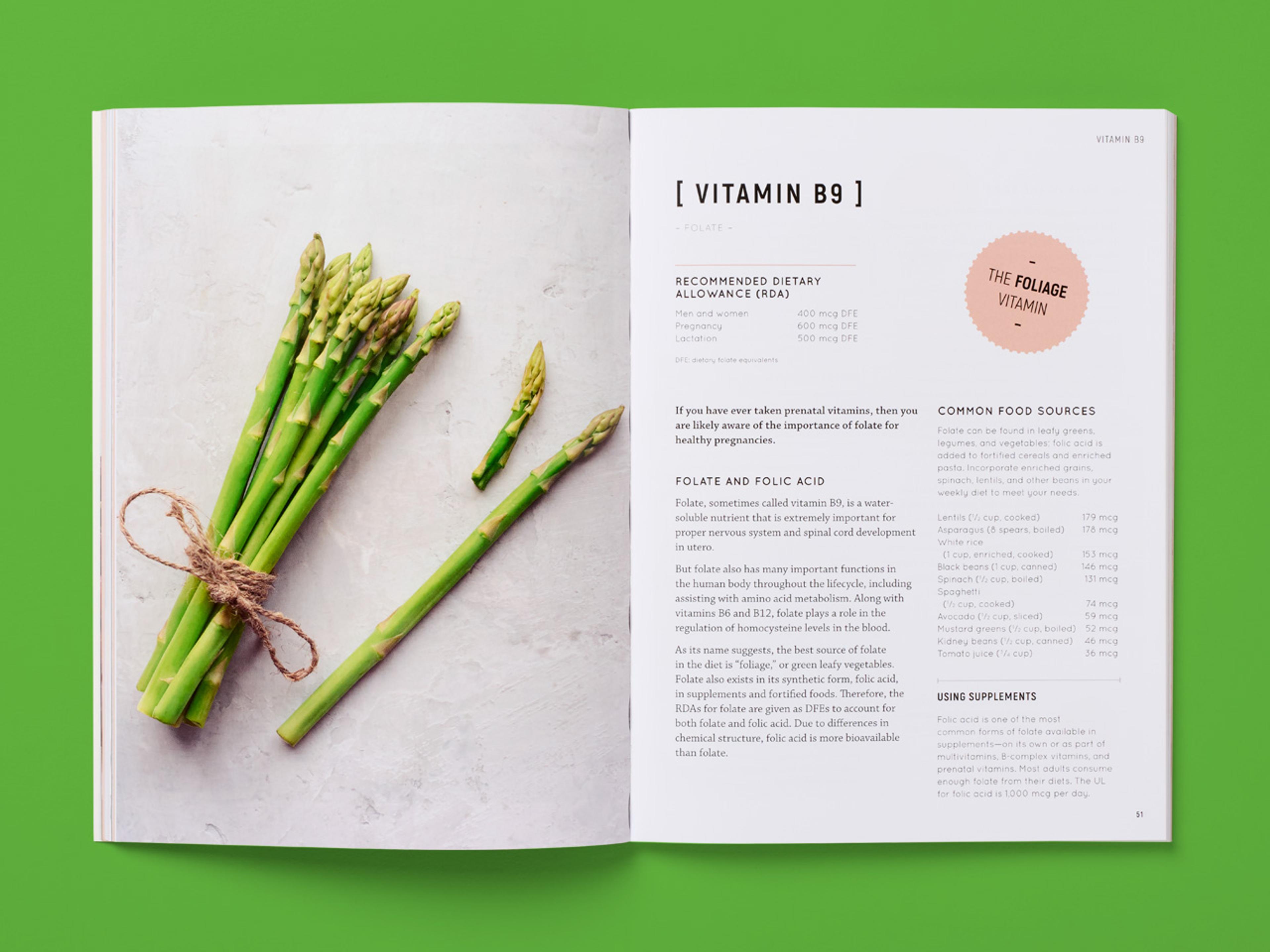 Open spread of The Complete Guide to Natural Vitamins on vitamin B9, featuring asparagus and text on folate and food sources.