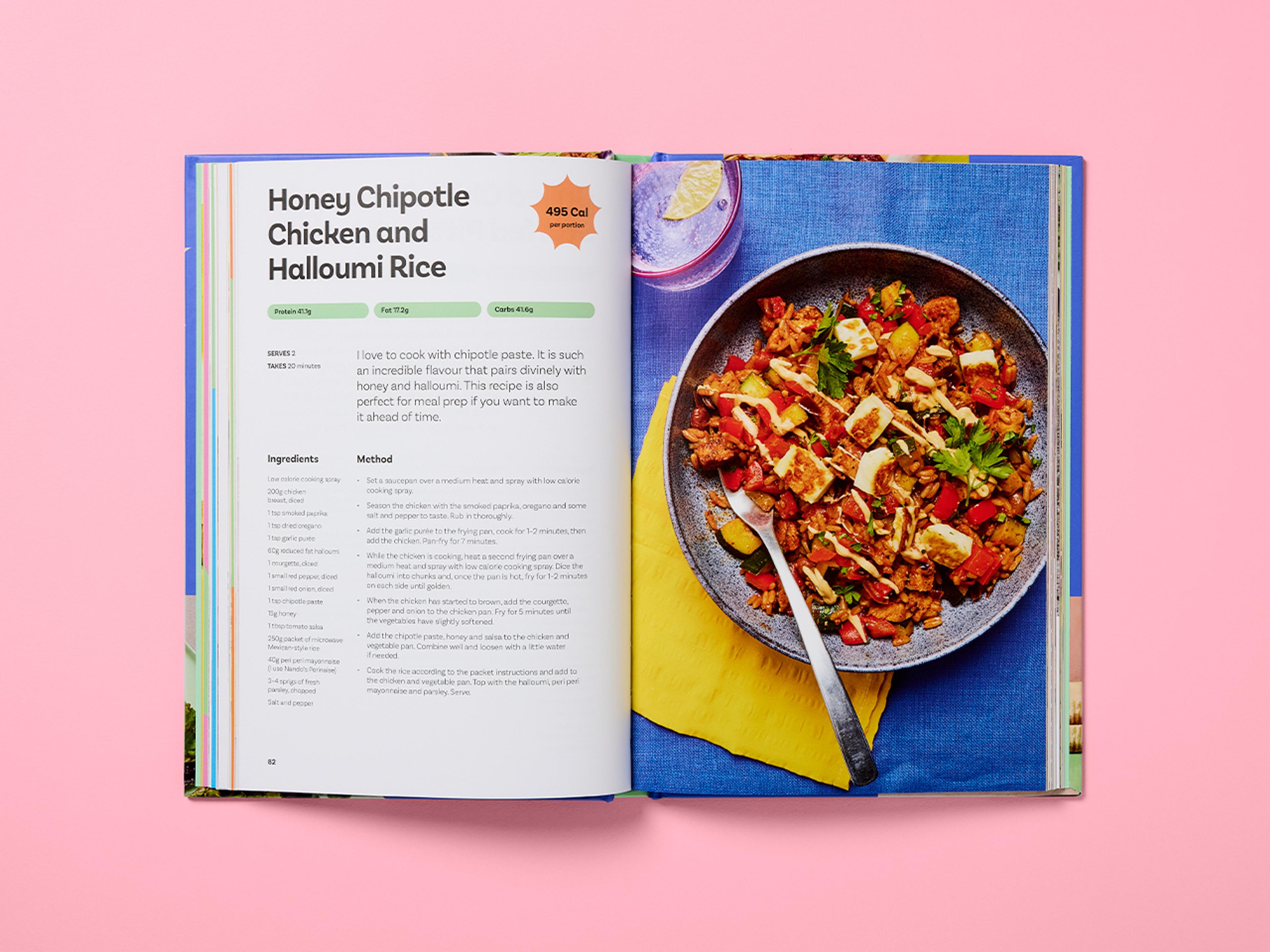 Open cookbook cover for Low-Cal Kitchen Bangers, featuring punchy colours and a clean layout.