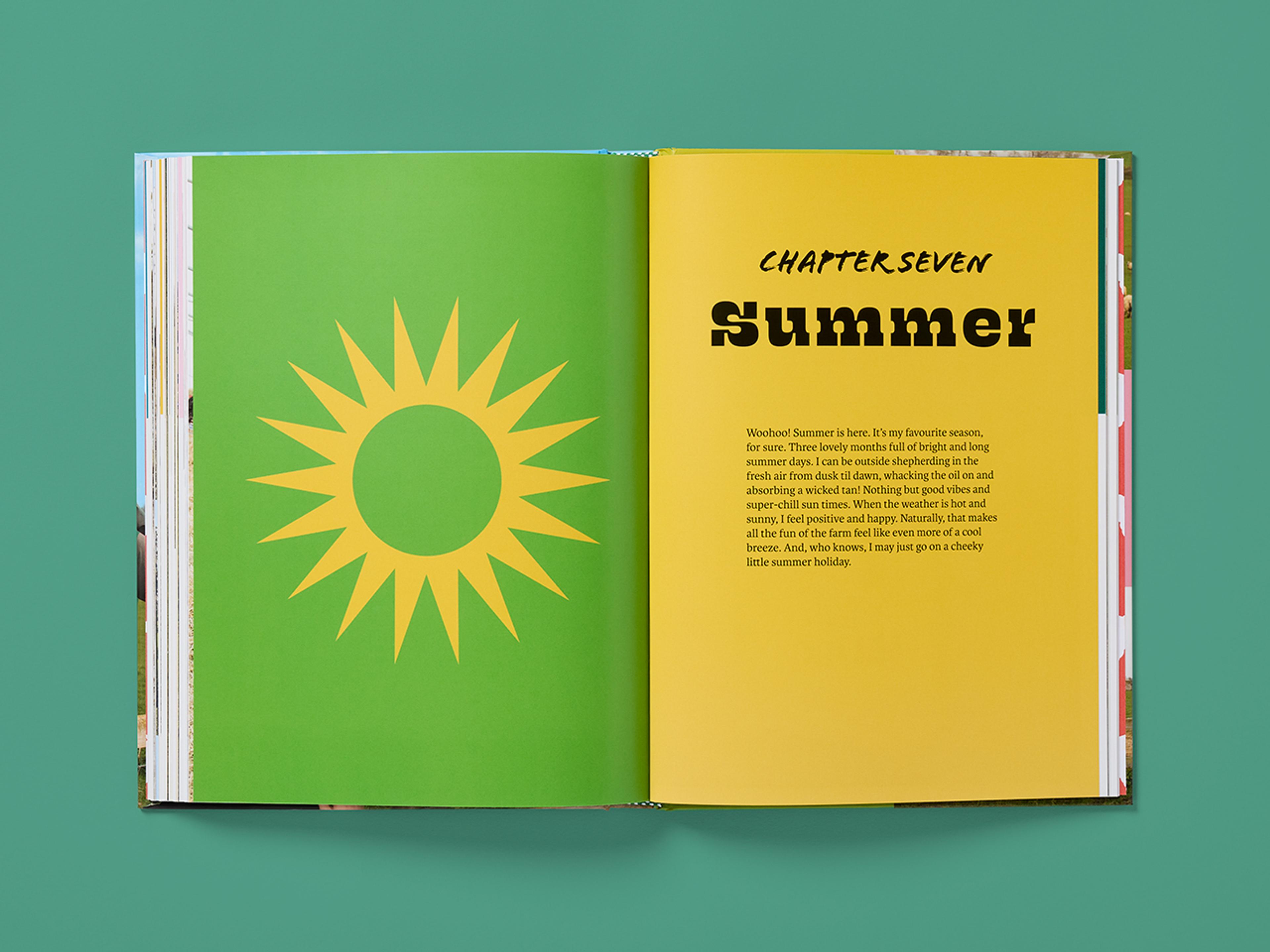 Open spread from the book For the Love of Farming, featuring bold typography and clean layouts.