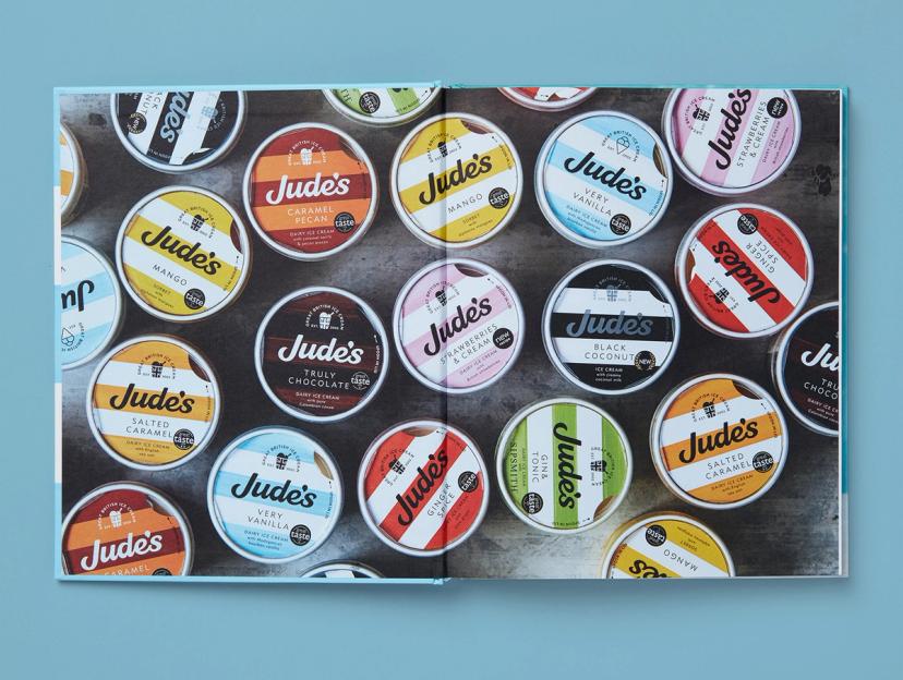 Open spread from Jude's Ice Cream and Desserts featuring a colourful photograph of ice cream tubs.