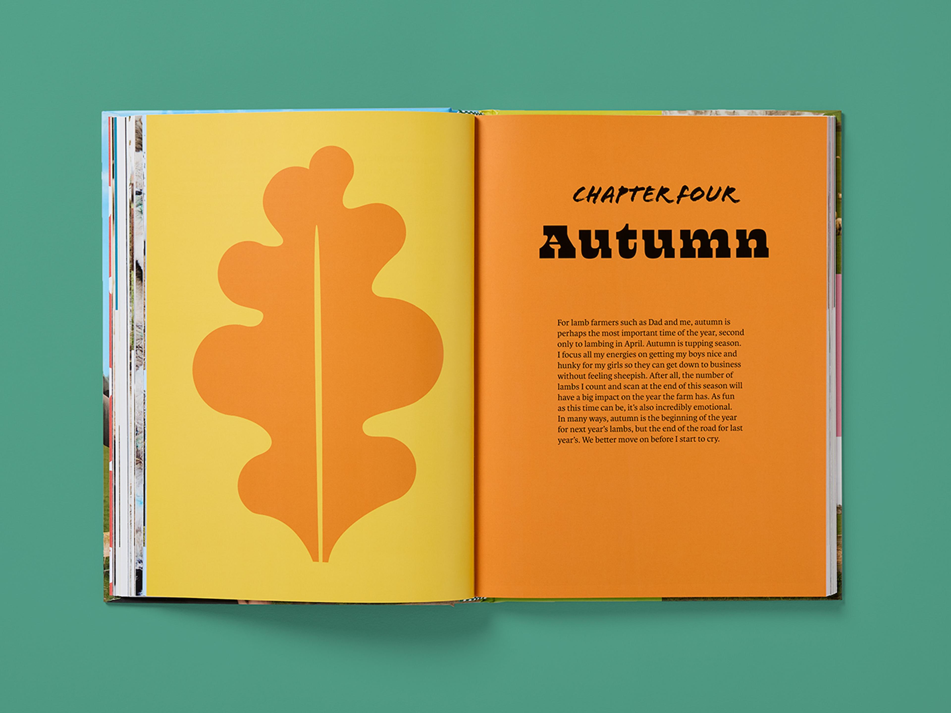 Open spread from the book For the Love of Farming, featuring bold typography and clean layouts.