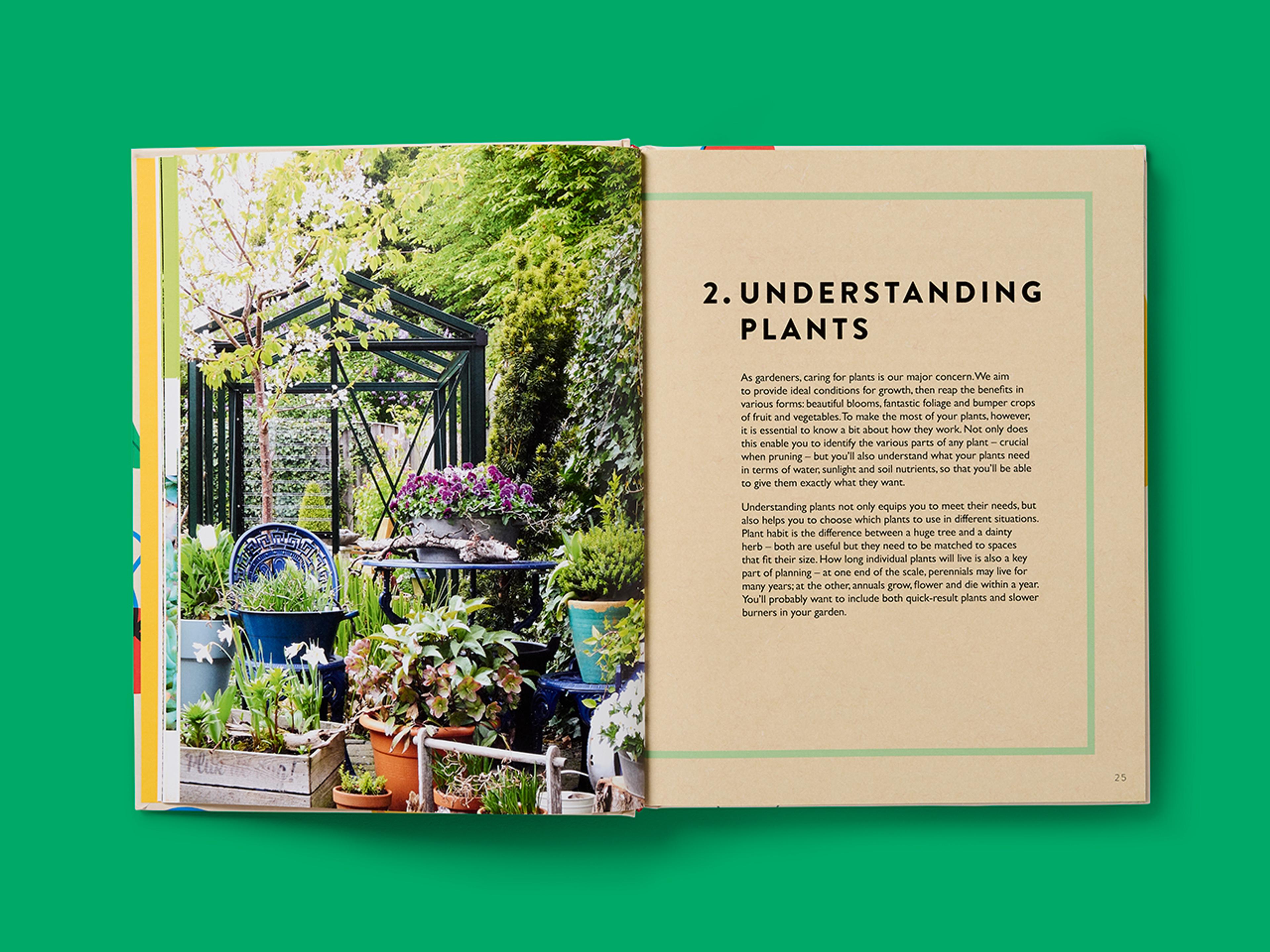 Open spreads from the RHS Gardening School with photographs of plants and explanatory text.