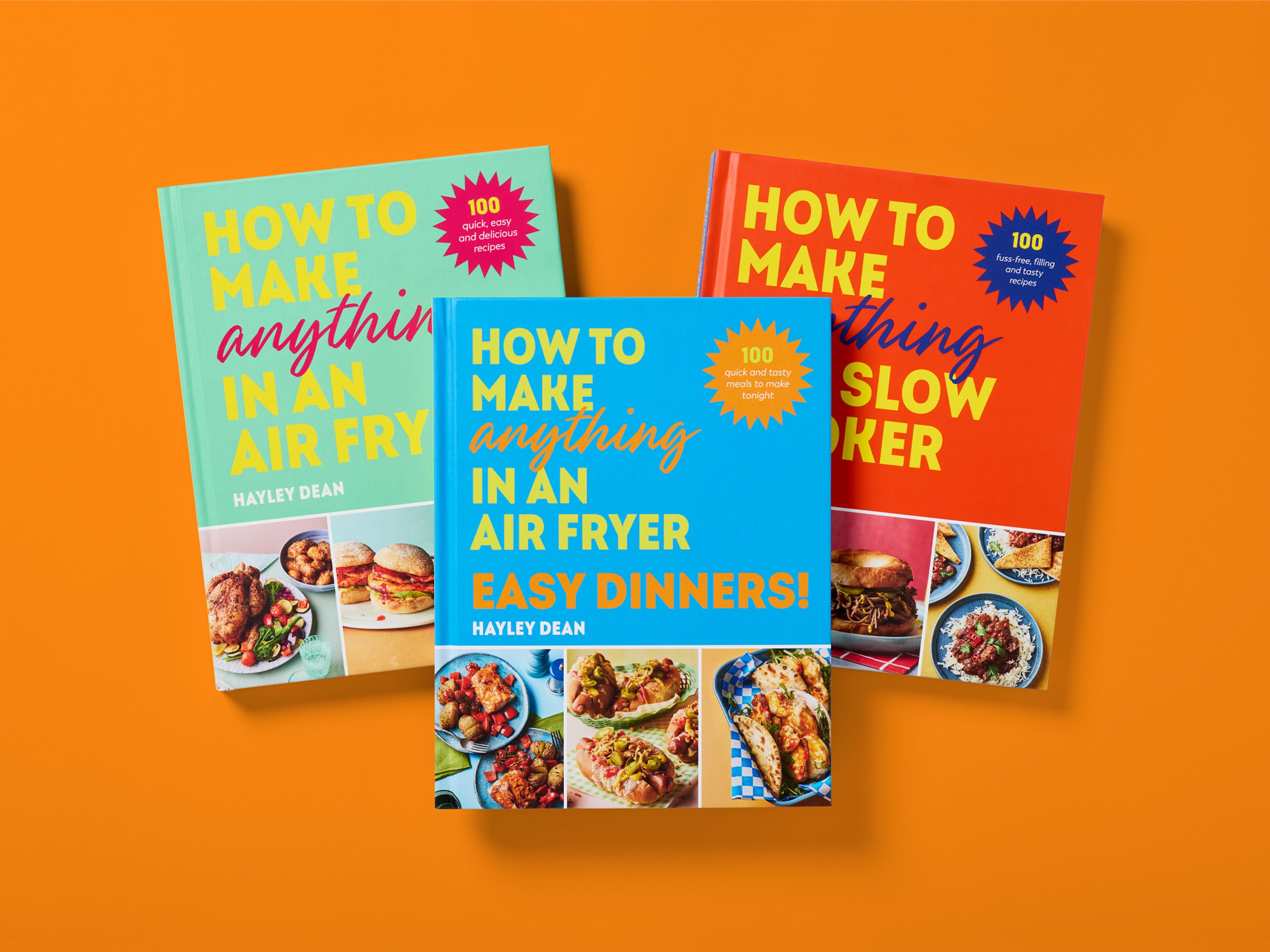 Three "How to Make Anything" cookbooks displayed on an orange background, including air fryer and slow cooker titles, with food photographs on the covers and "100 recipes" badges.