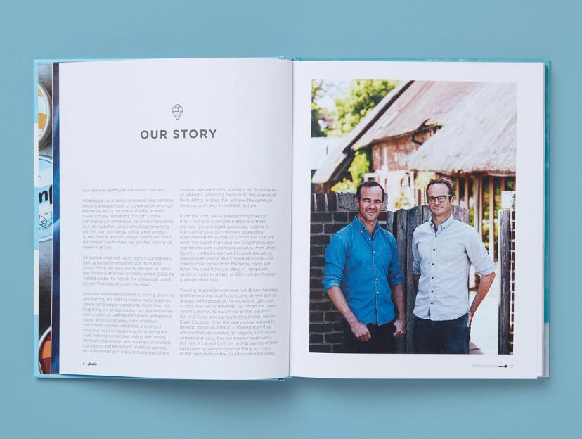Open spread from Jude's Ice Cream and Desserts featuring explanatory text and a photograph of two men.
