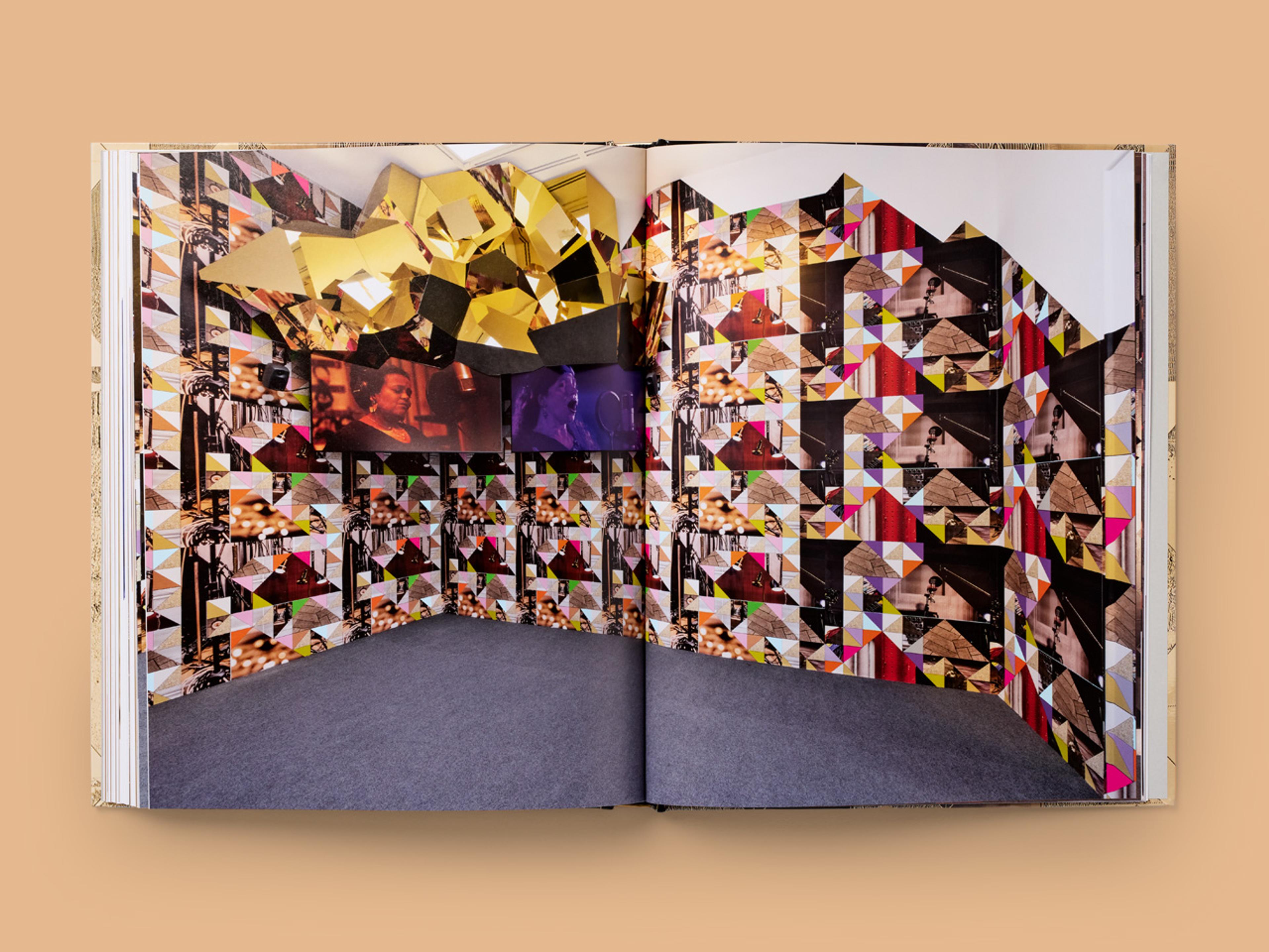 Open spread from Sonia Boyce, featuring a patterned wall with a television.