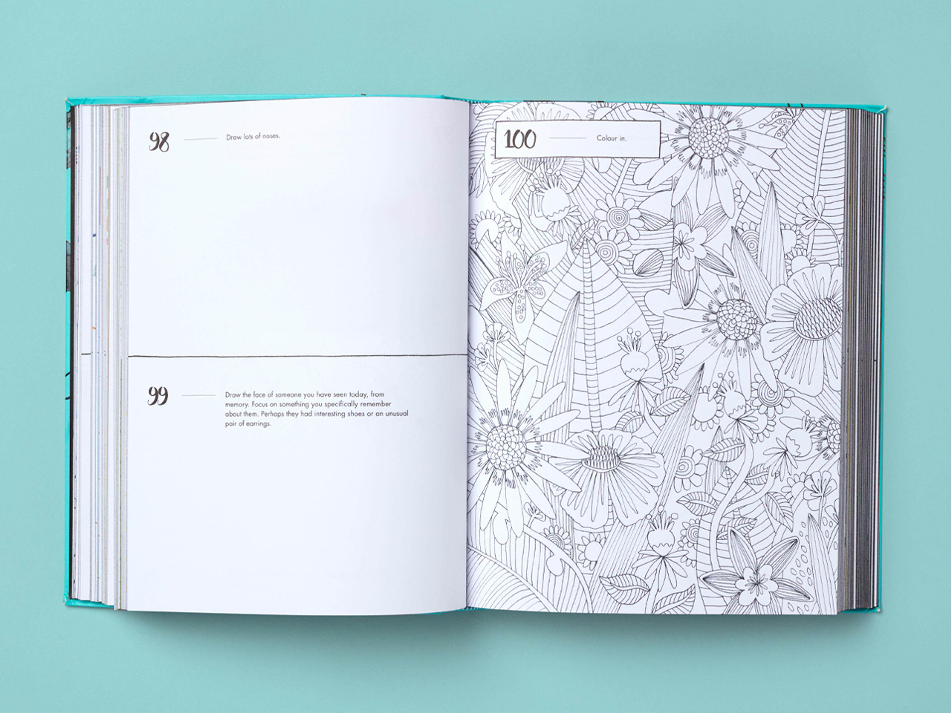 Open spreads from the 365 Days of Art with line drawings of plants and texts.