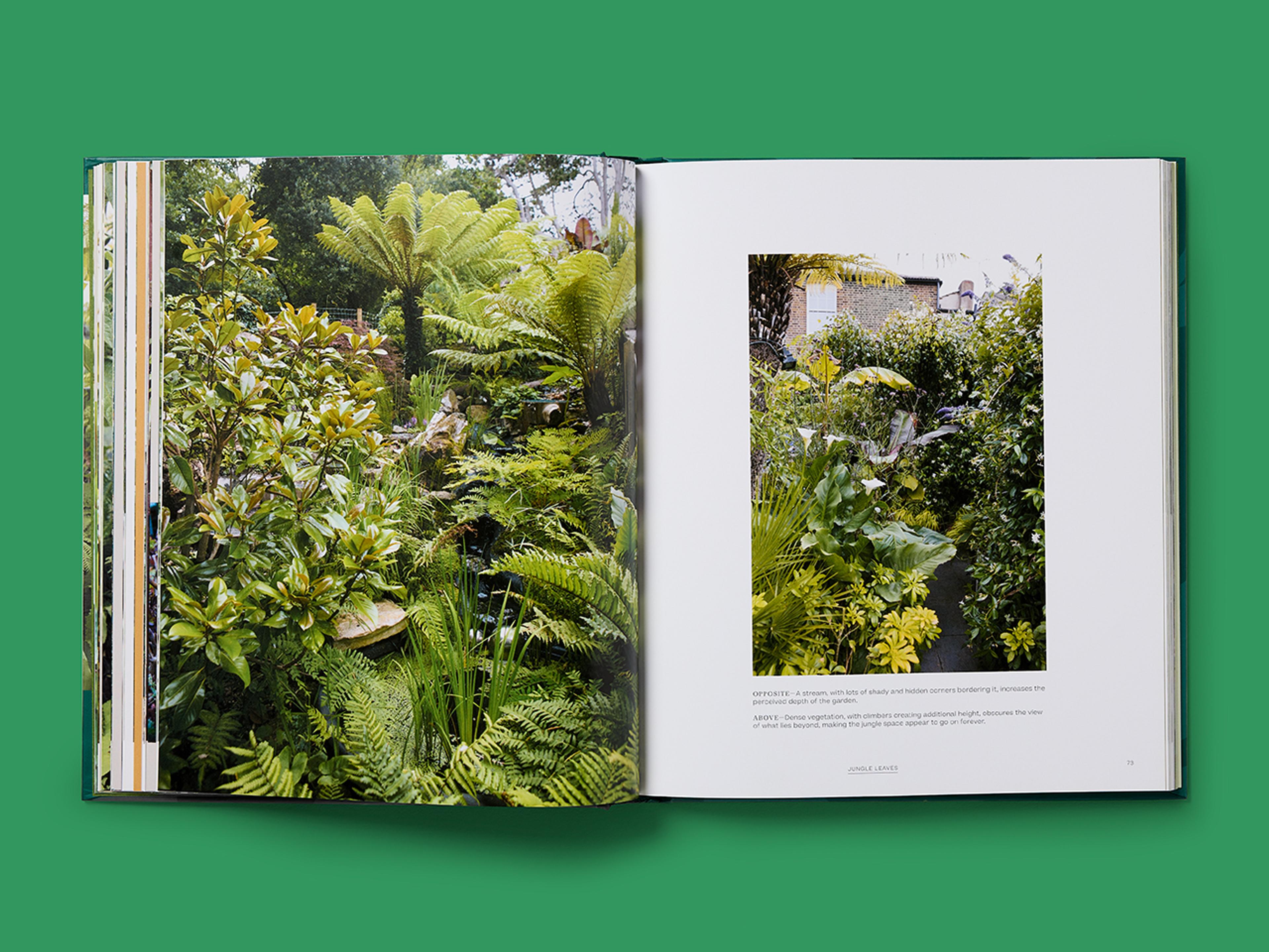 Open spread of The Jungle Garden showing full-page photographs of a lush tropical garden with dense greenery and ferns.