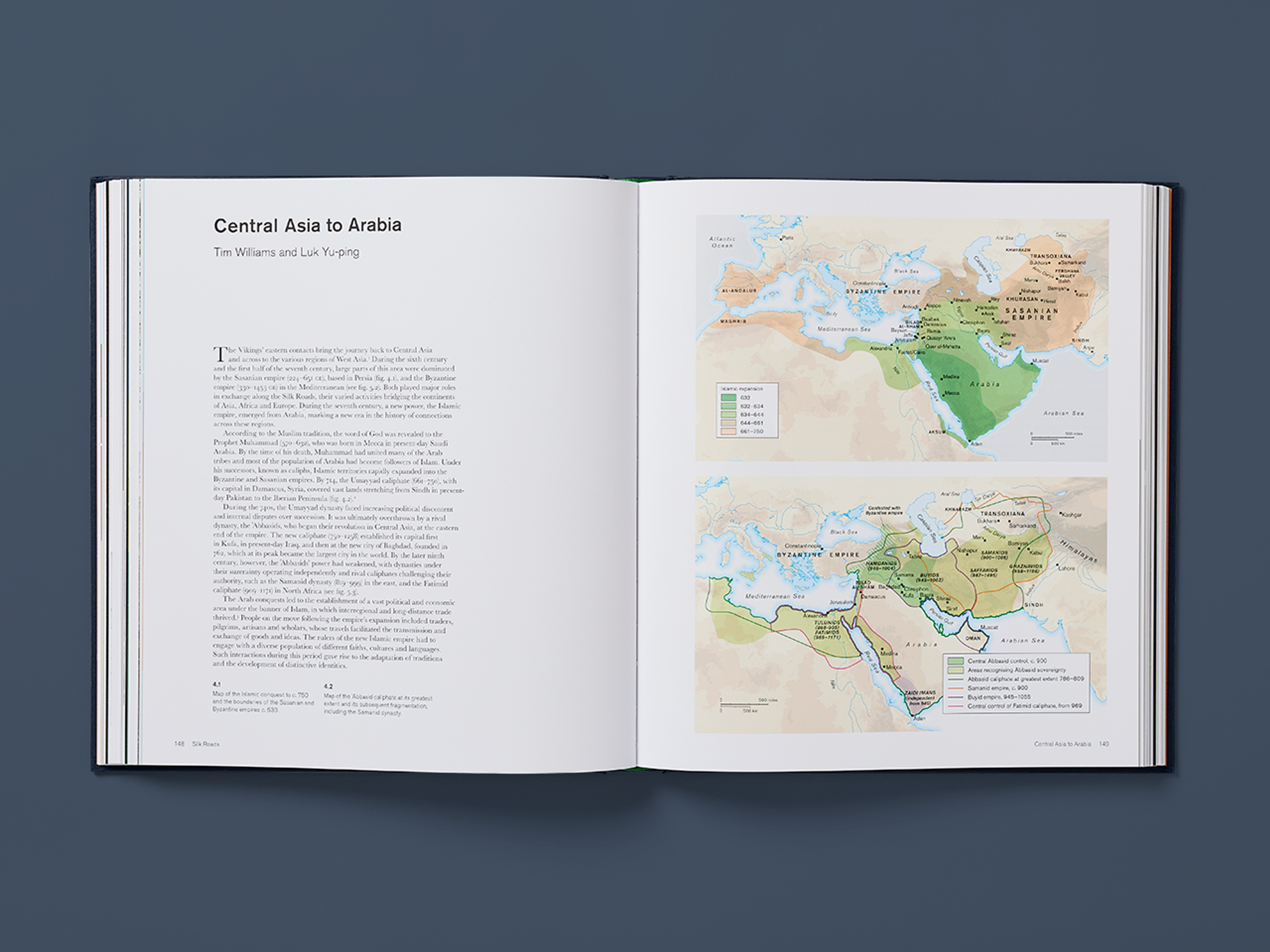 Open spreads from the Silk Roads with maps and explanatory text.
