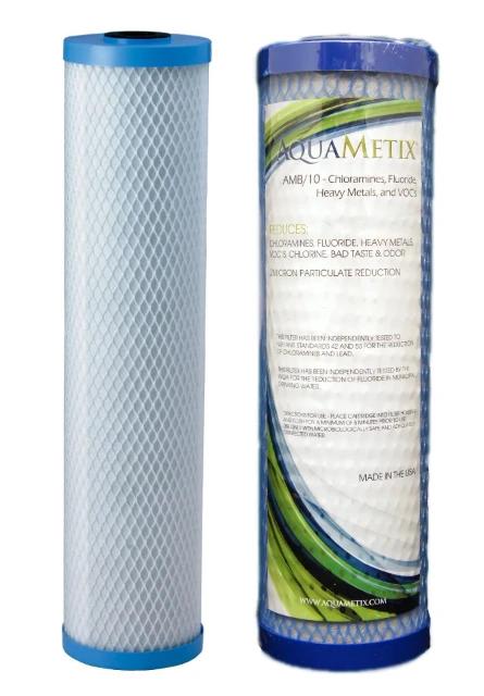 Picture of an activate carbon block filter next to an Aquametix filter