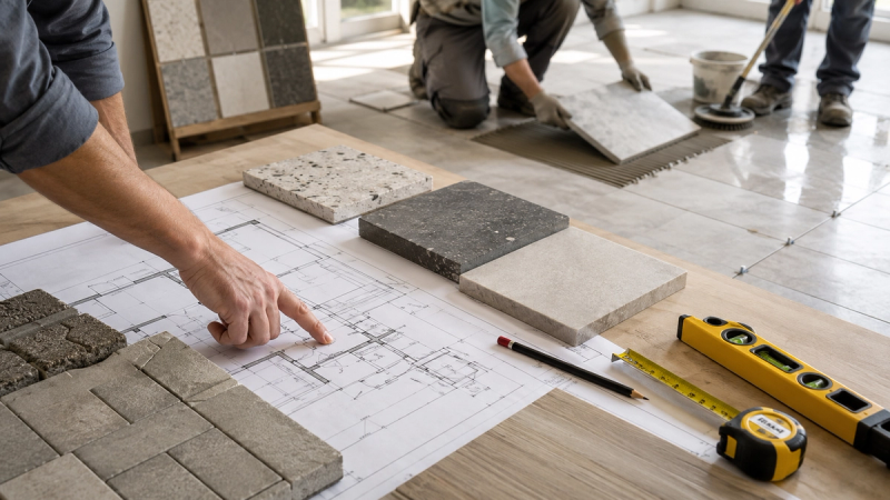 Muestras de baldosas y revestimientos sobre un plano de obra, con operarios colocando piso en el fondo, comparando opciones para veredas e interiores como baldosa cementicia, cerámico y porcelanato.