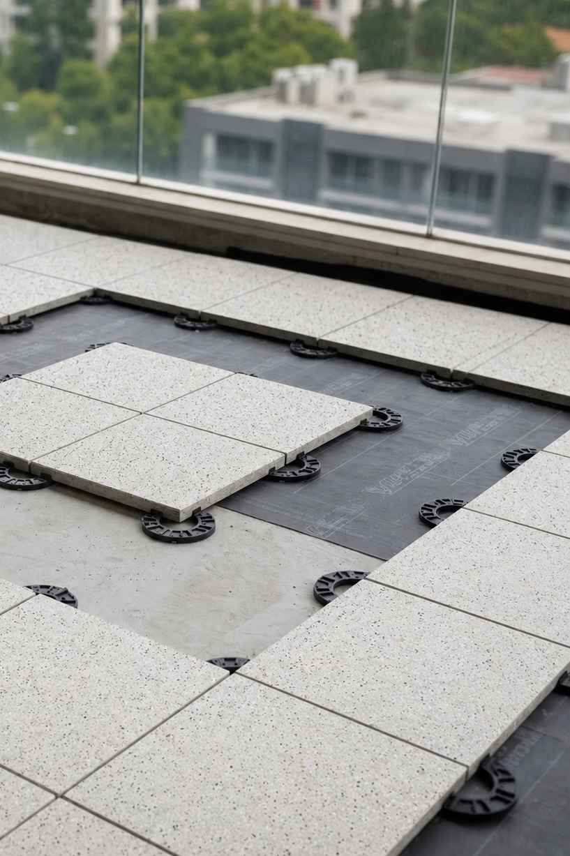 Piso elevado en una terraza: baldosas sobre pedestales plásticos con una pieza retirada que deja ver la cámara de aire.
