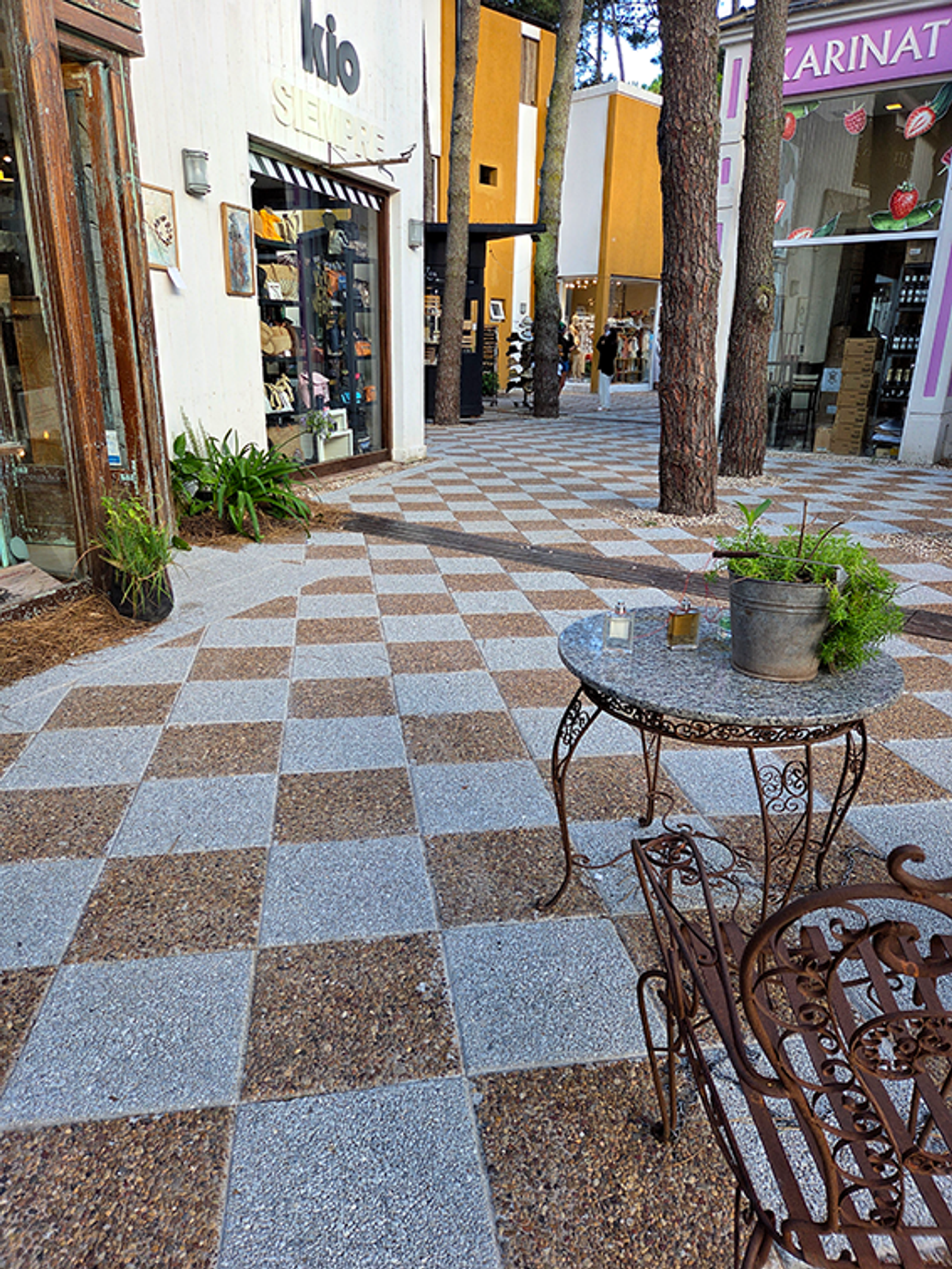 Piso de piedra lavada en damero gris y marrón en un paseo comercial entre pinos
