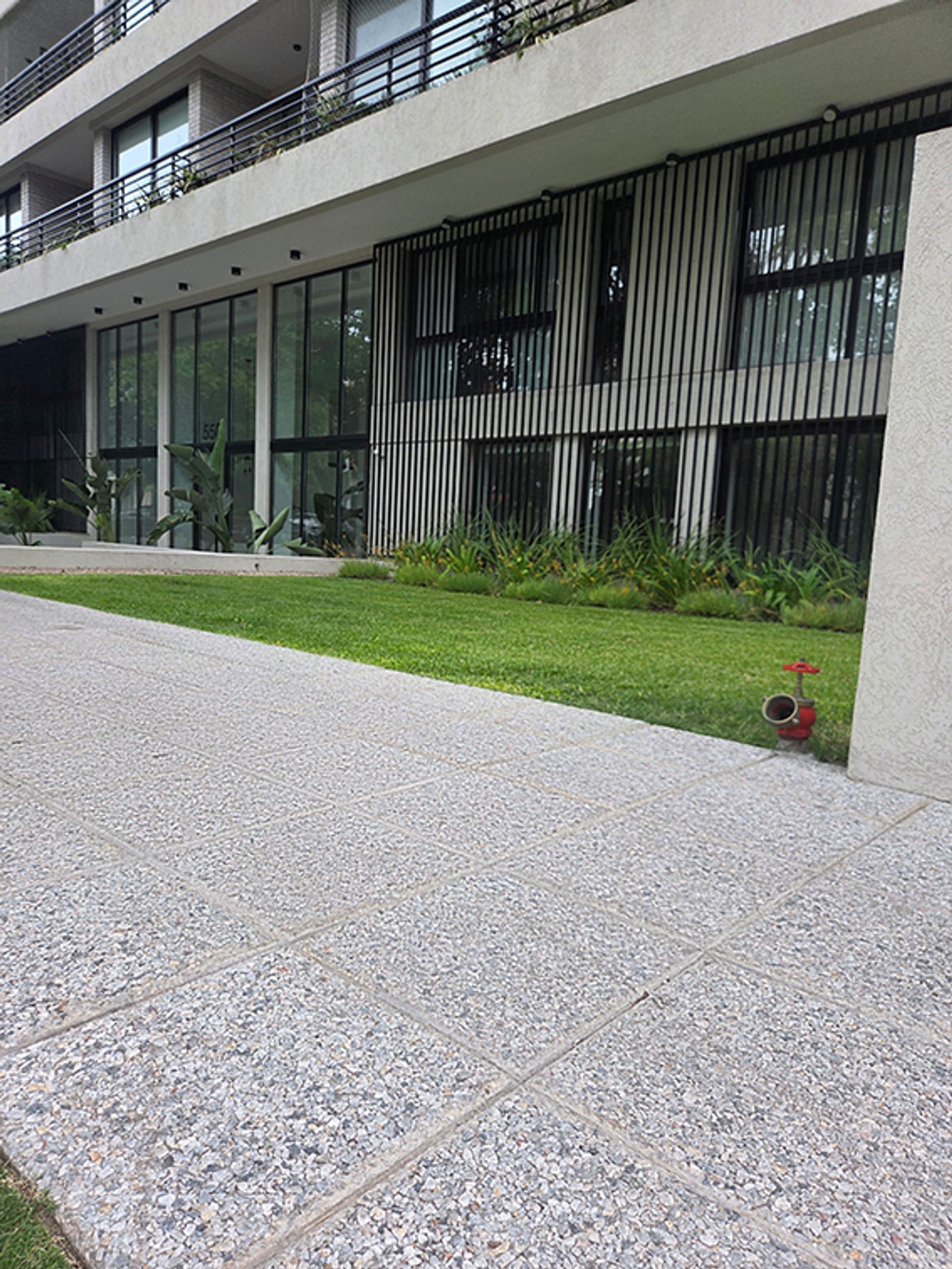 Vereda de piedra lavada gris en el frente de un edificio moderno, junto a cantero